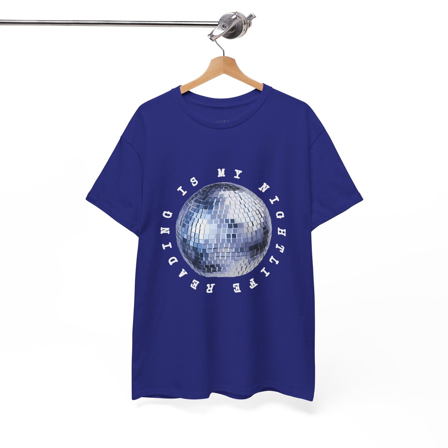 Blue t-shirt with a disco ball graphic and text 'Reading Is My Nightlife'