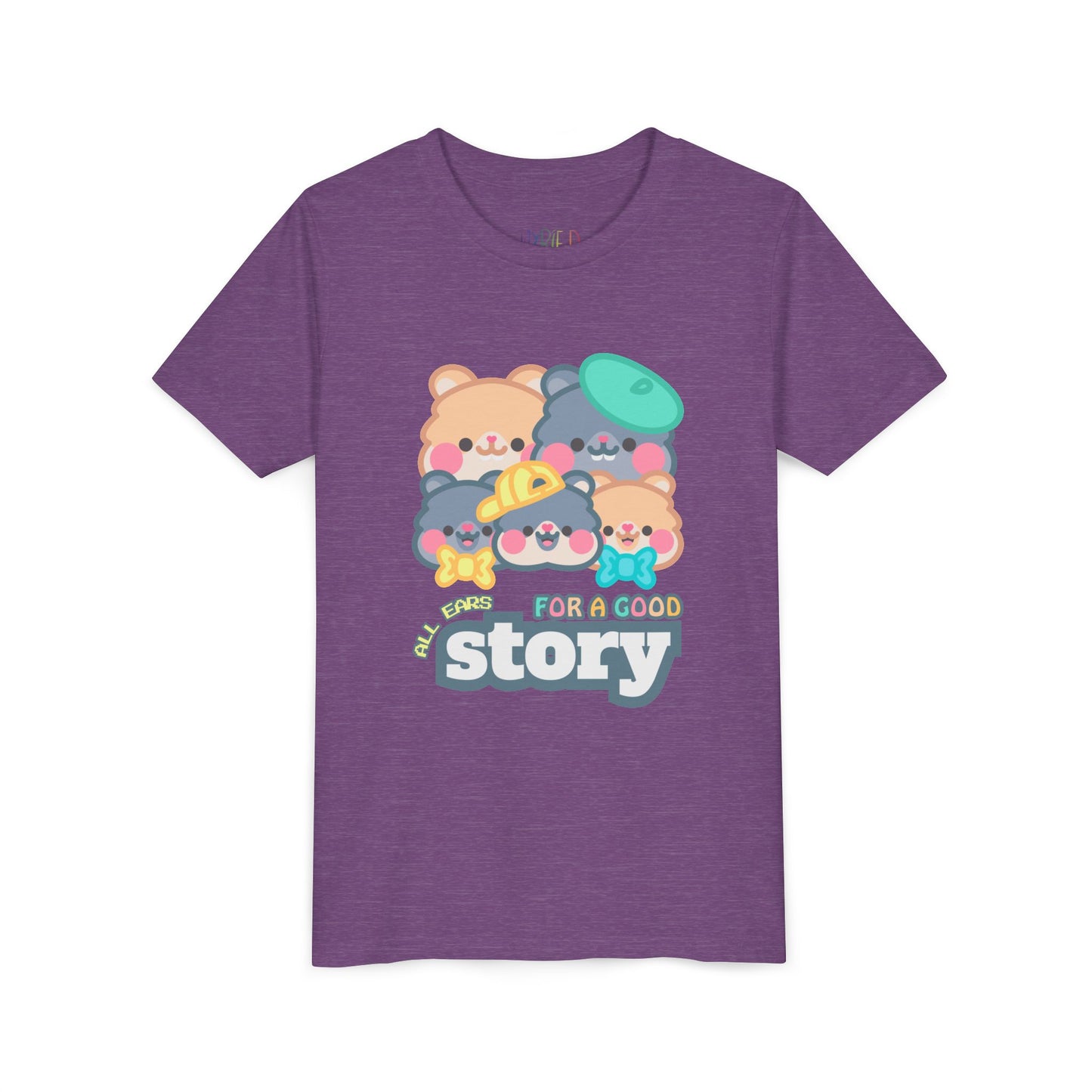 Purple t-shirt with pastel cartoon animals and text 'All Ears For A Good Story'
