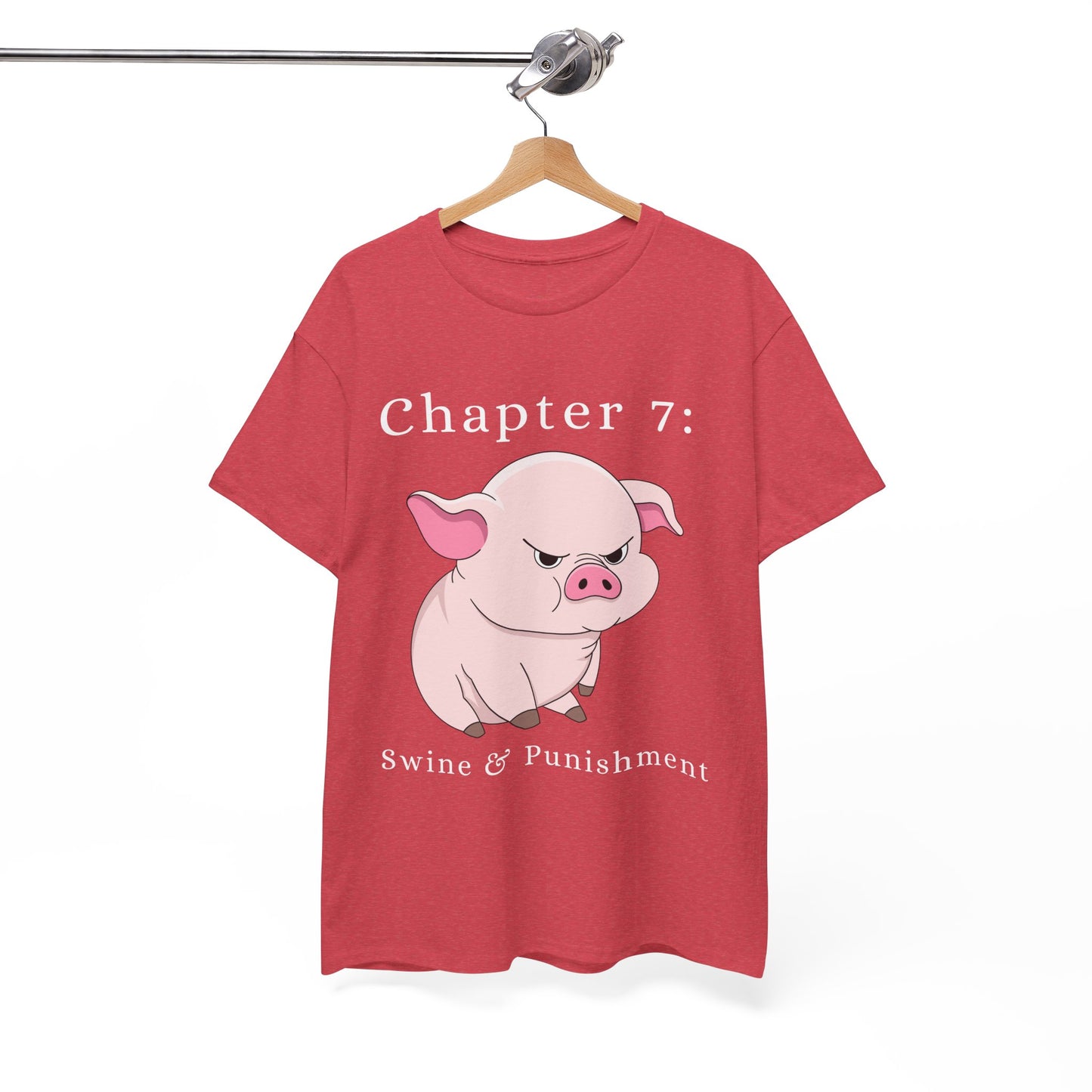 Red t-shirt with an angry cartoon pig and text 'Chapter 7: Swine & Punishment'