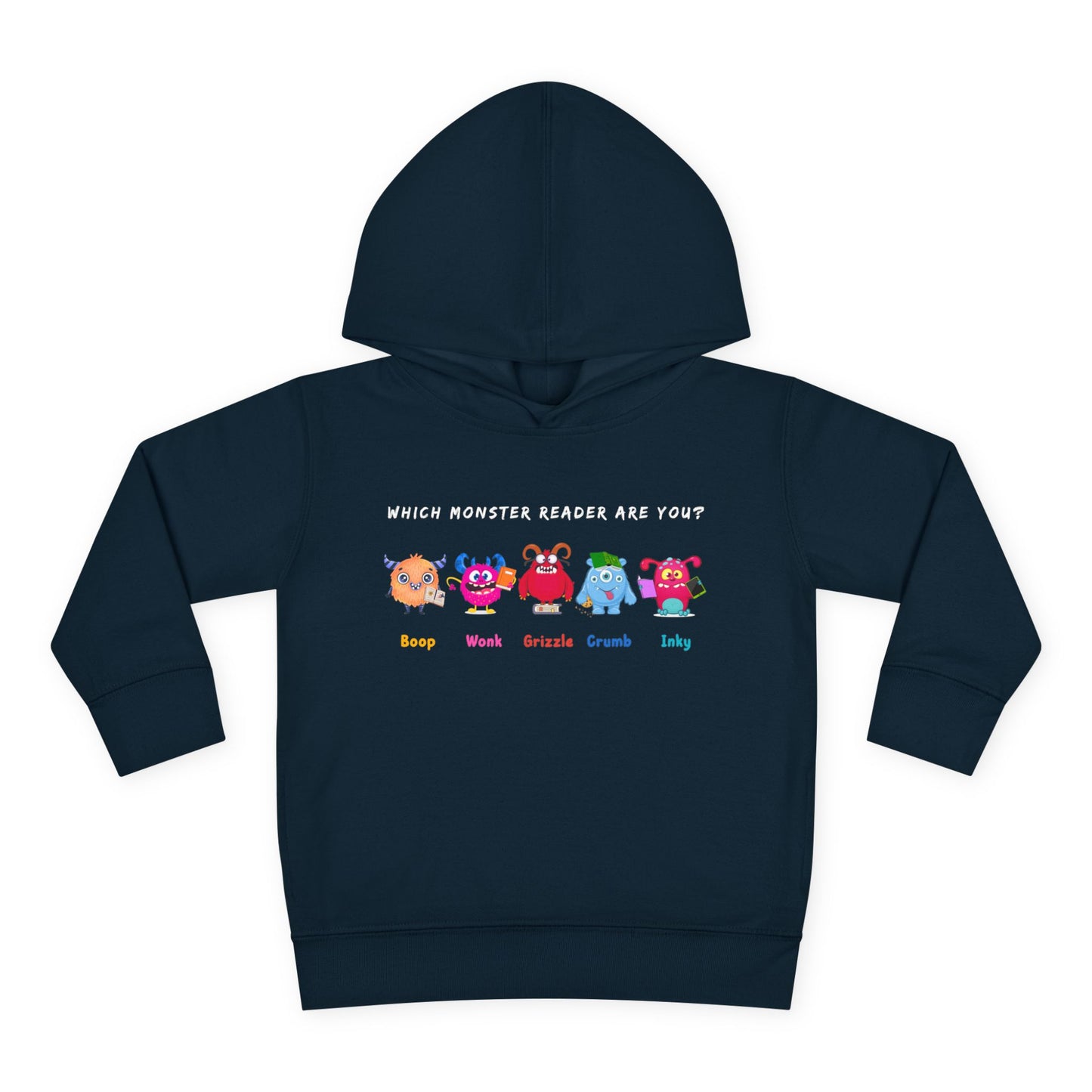 Five colorful cartoon monsters โ Boop, Wonk, Grizzle, Crumb, and Inky โ each holding or reading a book with โWhich Monster Reader Are You?โ above โ printed on a toddler hoodie.