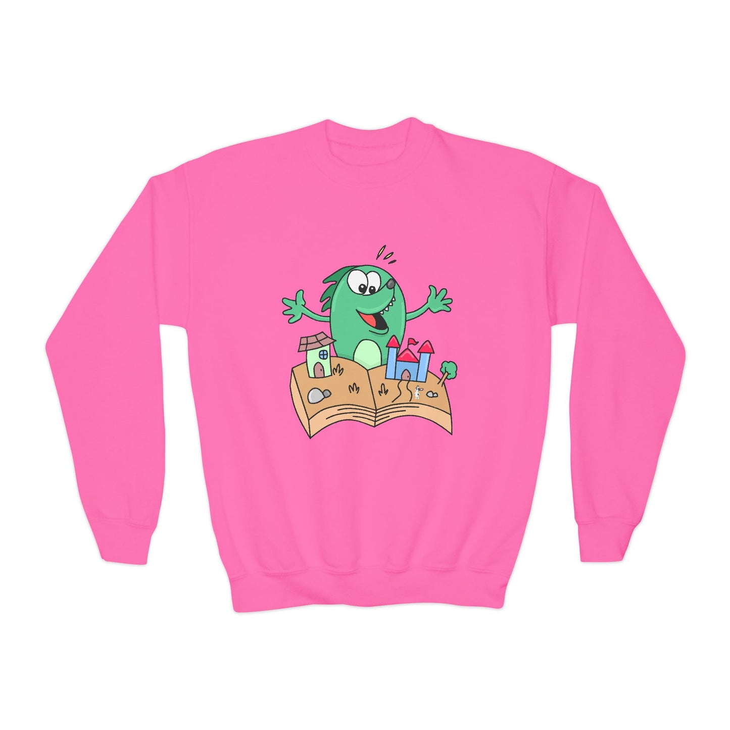 Pink sweatshirt with a cartoon dog excited about a 3D book