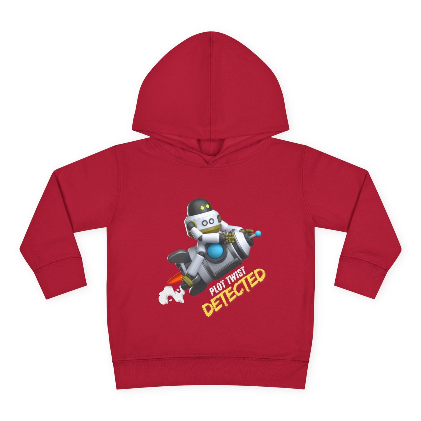 Red toddler hoodie with a robot graphic riding a rocket and text 'Plot Twist DETECTED'