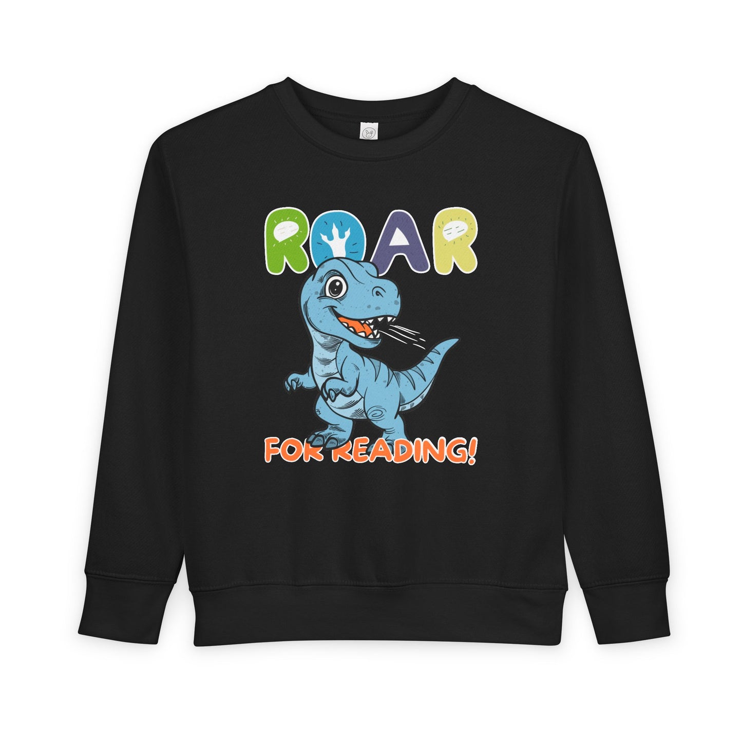 Black toddler sweatshirt with a dinosaur graphic and 'Roar for Reading!' text