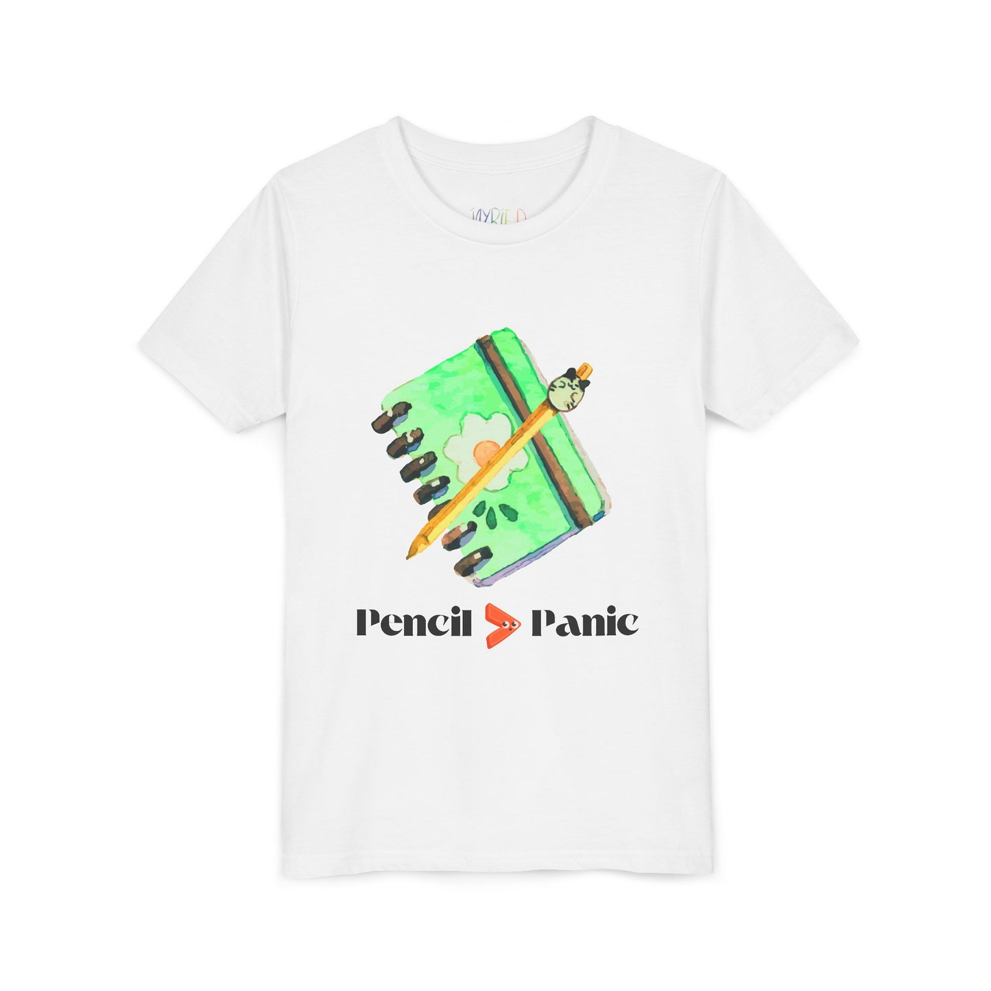 White t-shirt with a green notebook and pencil graphic and 'Pencil > Panic' text
