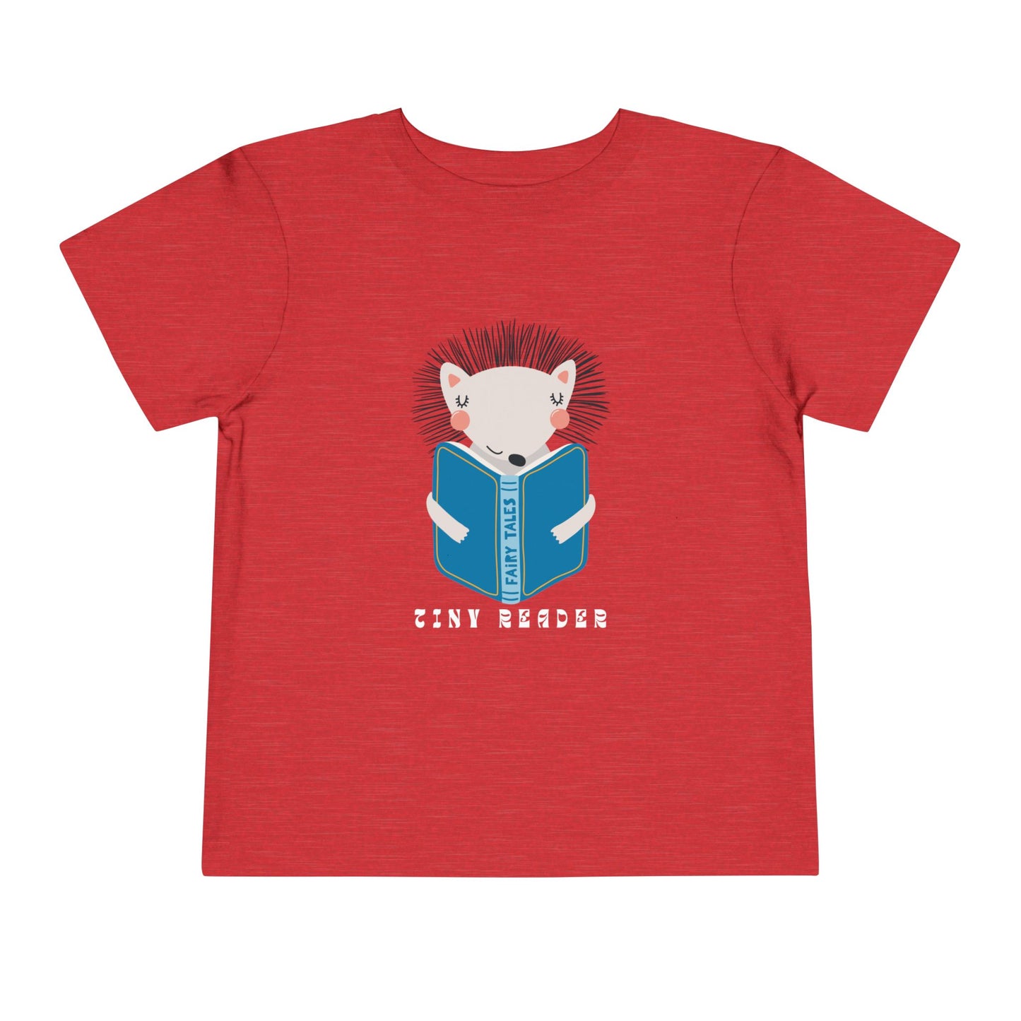 Red t-shirt with a hedgehog reading a book graphic and 'Tiny Reader' text