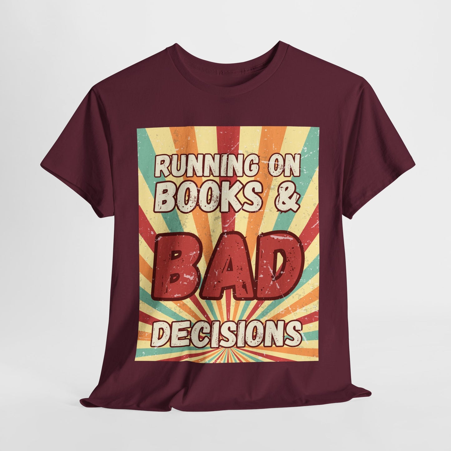 Teen/Adult Unisex Running on Books & Bad Decisions Tee – Funny Retro Reader Shirt for Book Addicts (Large Retro Edition)