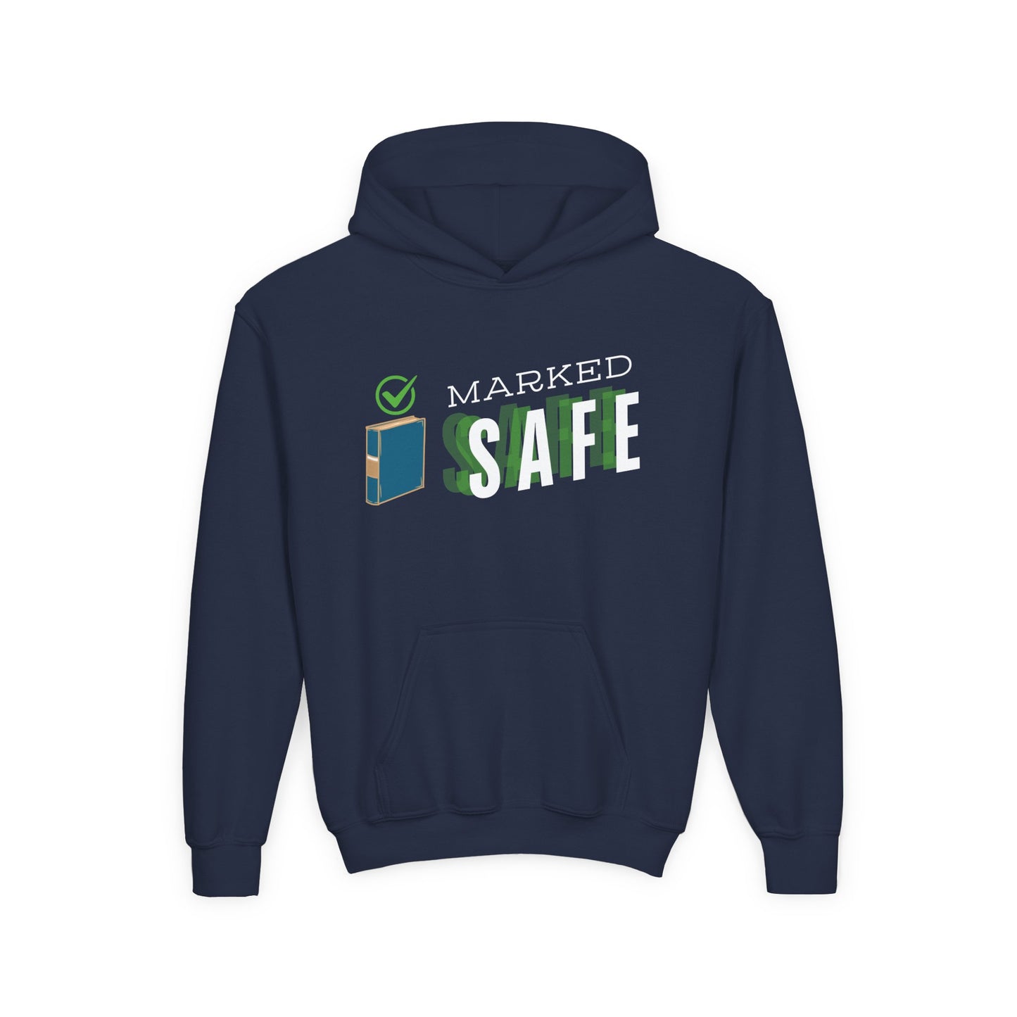 Navy blue hoodie with 'Marked Safe' text and a book graphic