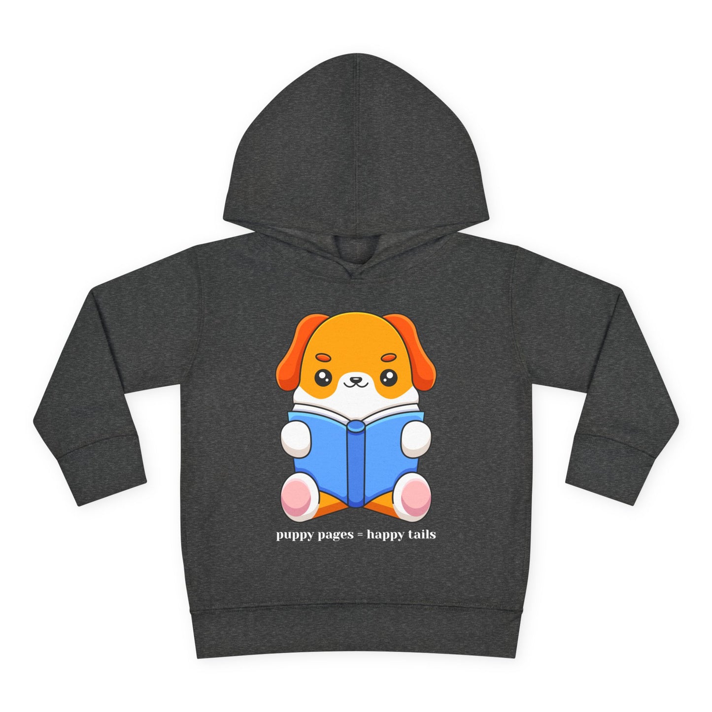 Cute cartoon puppy with orange ears and white fur sitting upright and reading a blue book โ printed on a dark toddler hoodie.