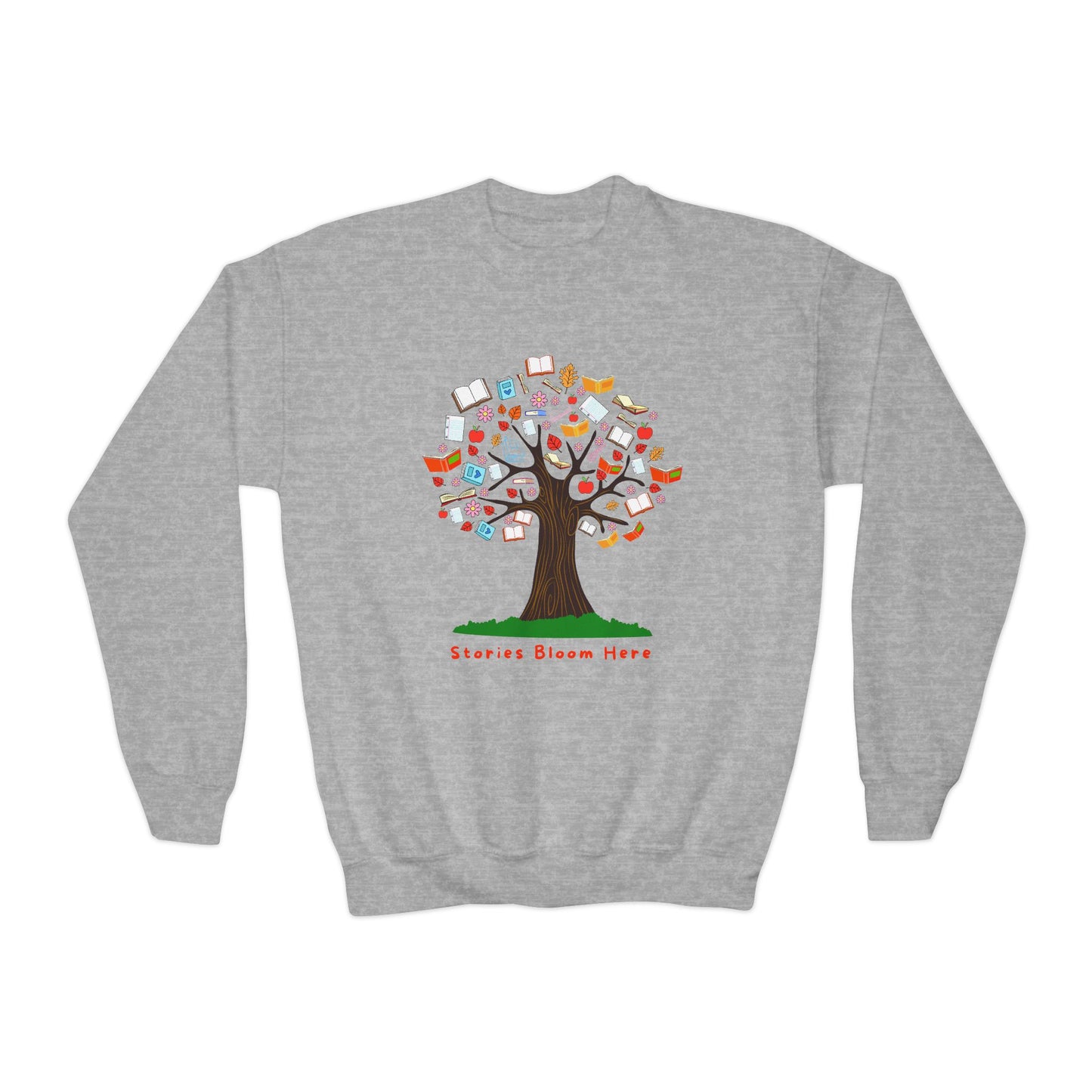 Gray sweatshirt with a colorful tree graphic with books for leaves and text 'Stories Bloom Here'