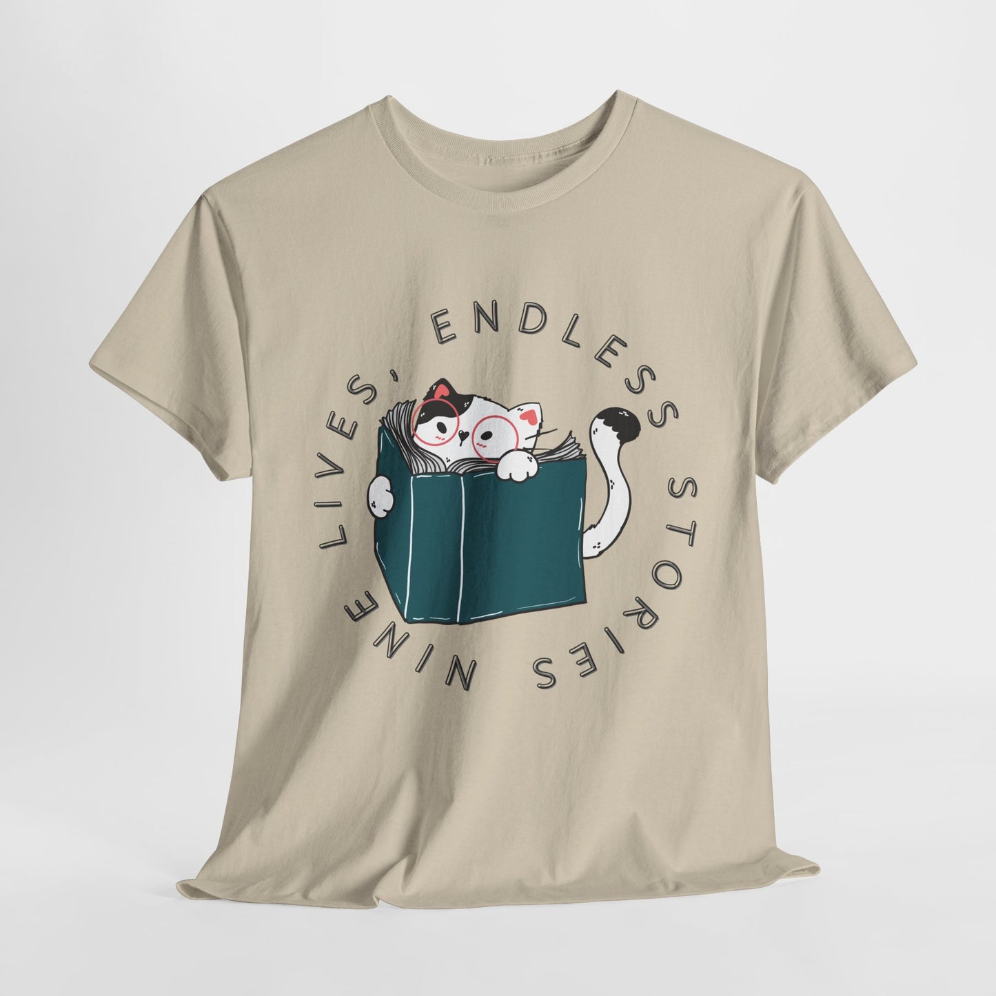 Teen/Adult Unisex "Nine Lives, Endless Stories" Cat & Book Graphic T-Shirt – Fun Reader Gift Tee