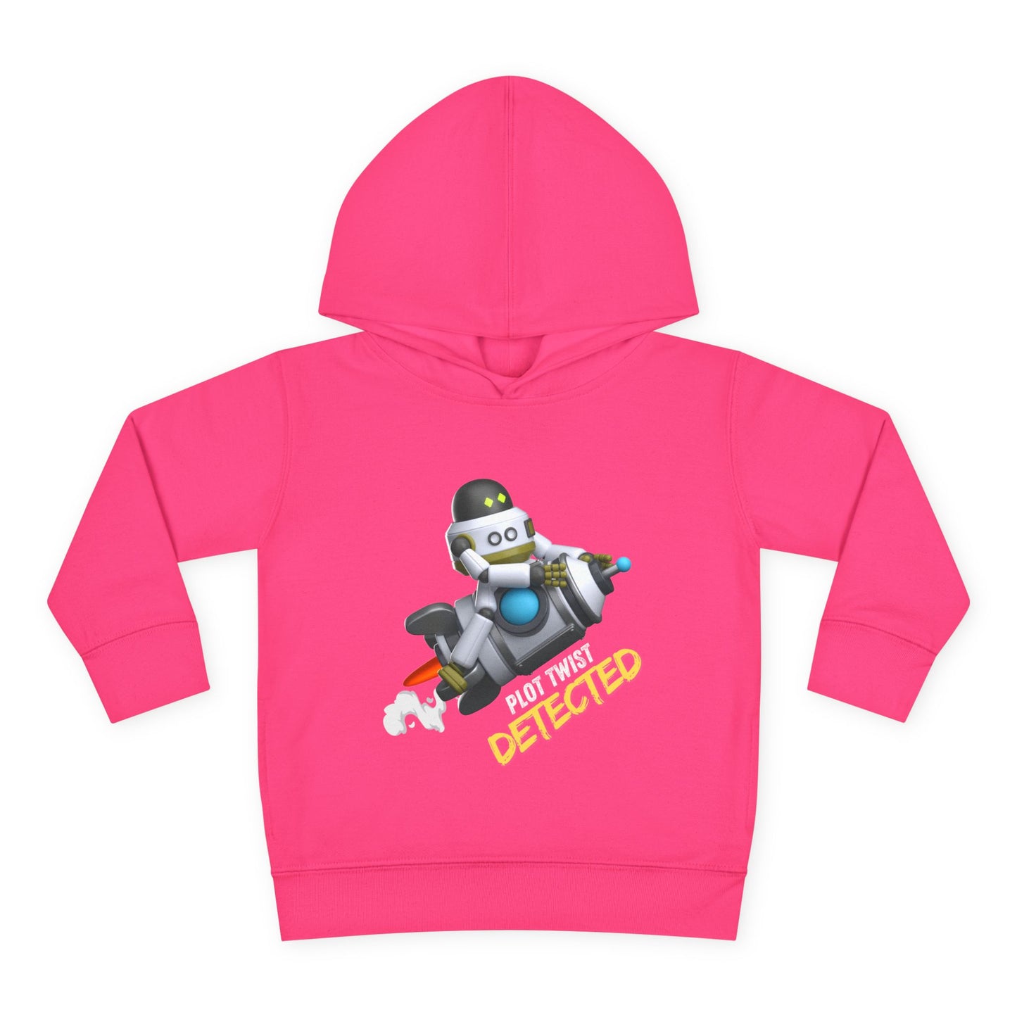 Pink toddler hoodie featuring a robot riding a rocket and text 'plot twist detected' on white background