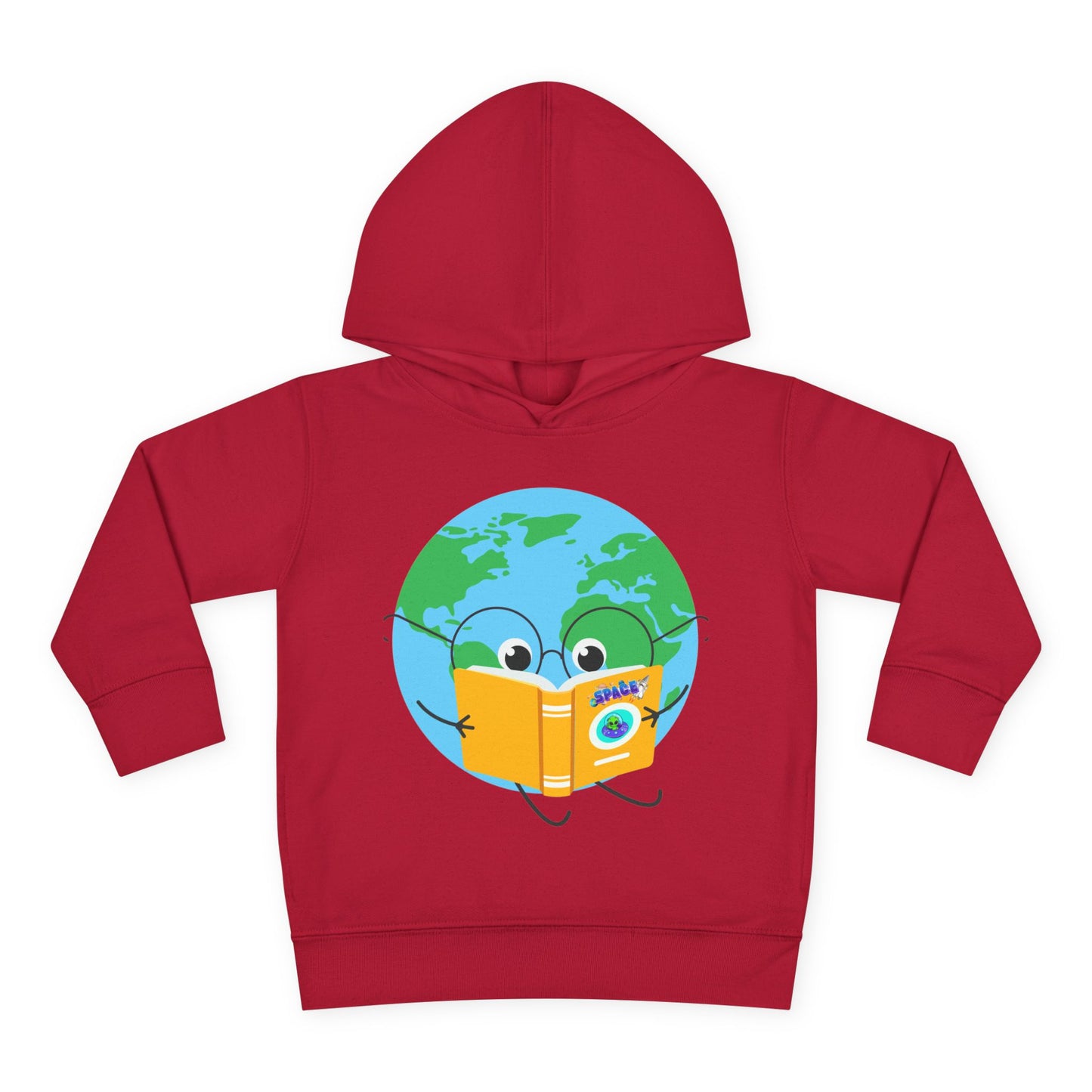Red toddler hoodie with a cartoon Earth reading a space book