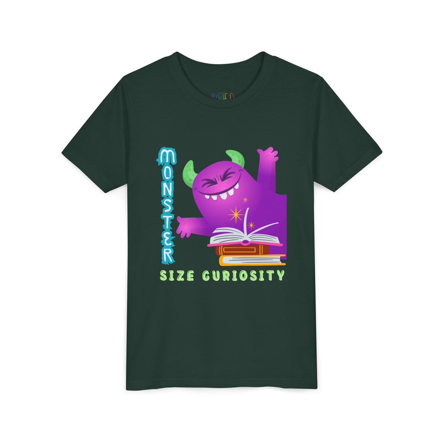 Dark green t-shirt with a purple monster leaning in from the edge of the page, a stack of books and text 'Monster Size Curiosity'