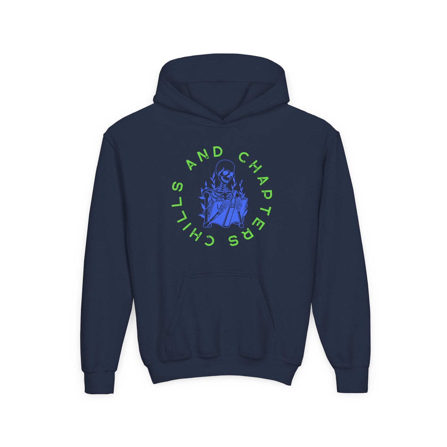 Navy blue youth hoodie with a blue skeleton reading a book graphic, surrounded by green text 'Chills and Chapters'