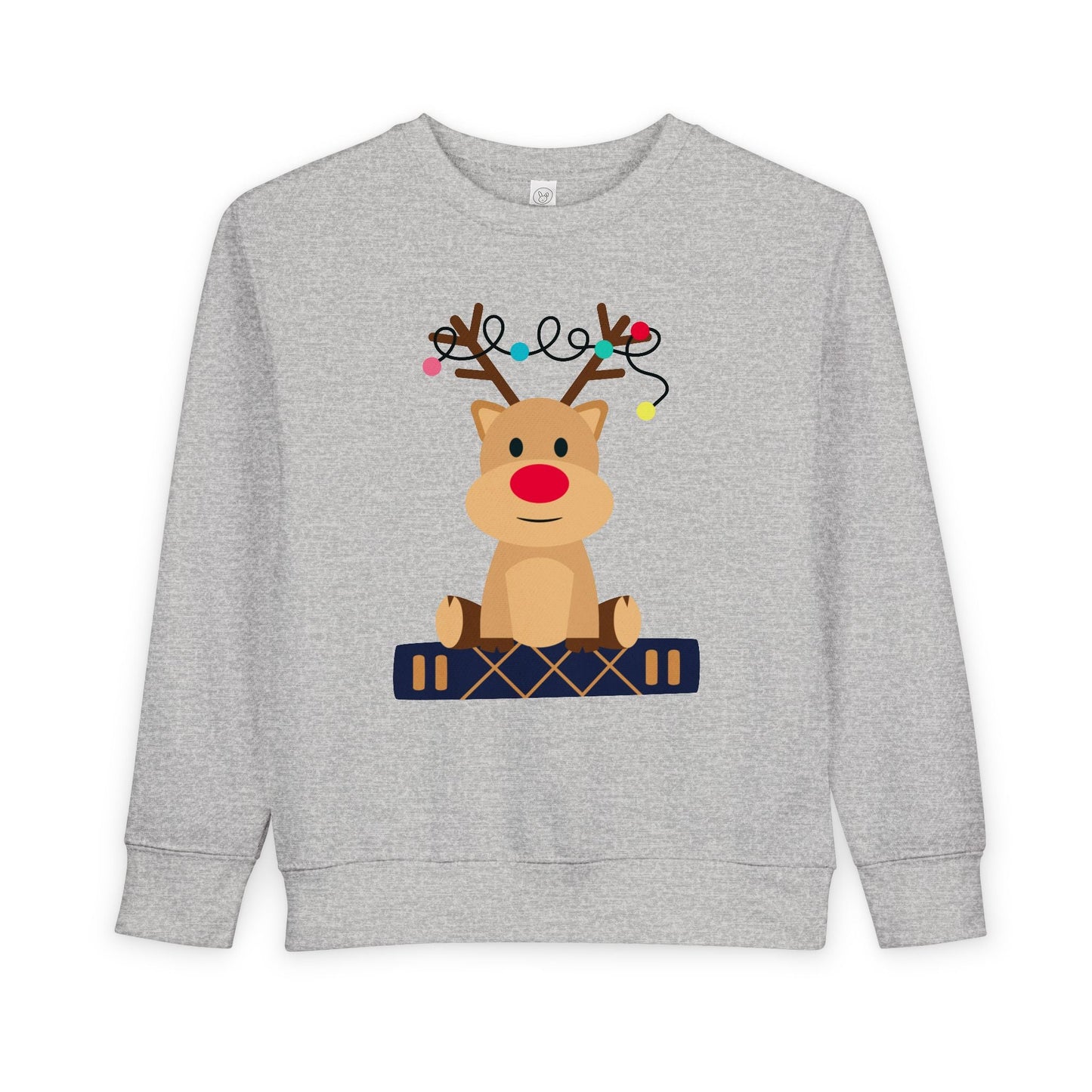 Gray toddler sweatshirt with a reindeer sitting on a book against a white background