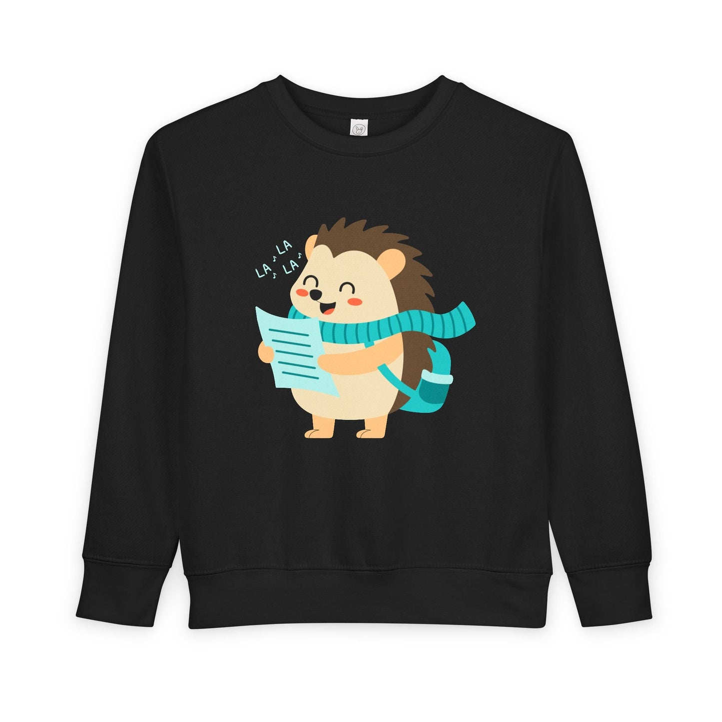 Black toddler sweatshirt with a hedgehog singing from a music sheet