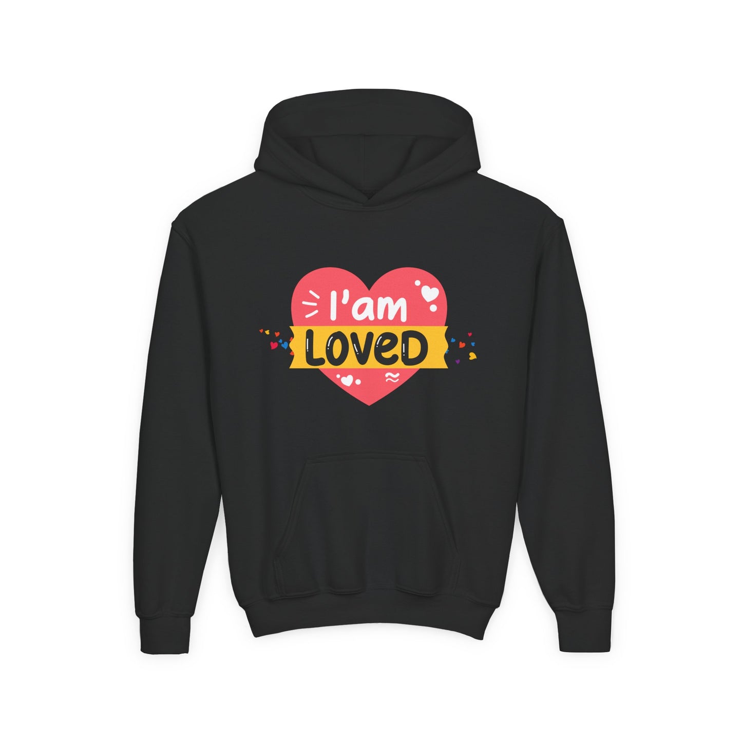 Black hoodie with a heart design and 'I am loved' text