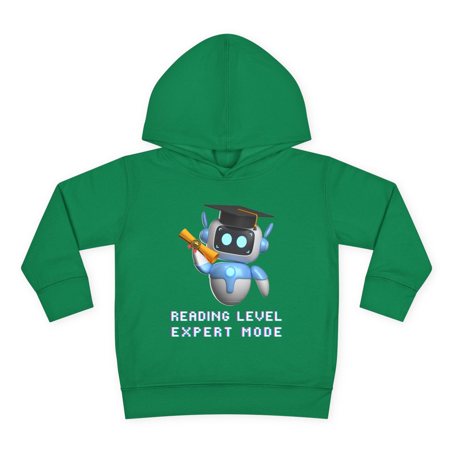 Green hoodie with a robot graduate design and text 'Reading Level Expert Mode'