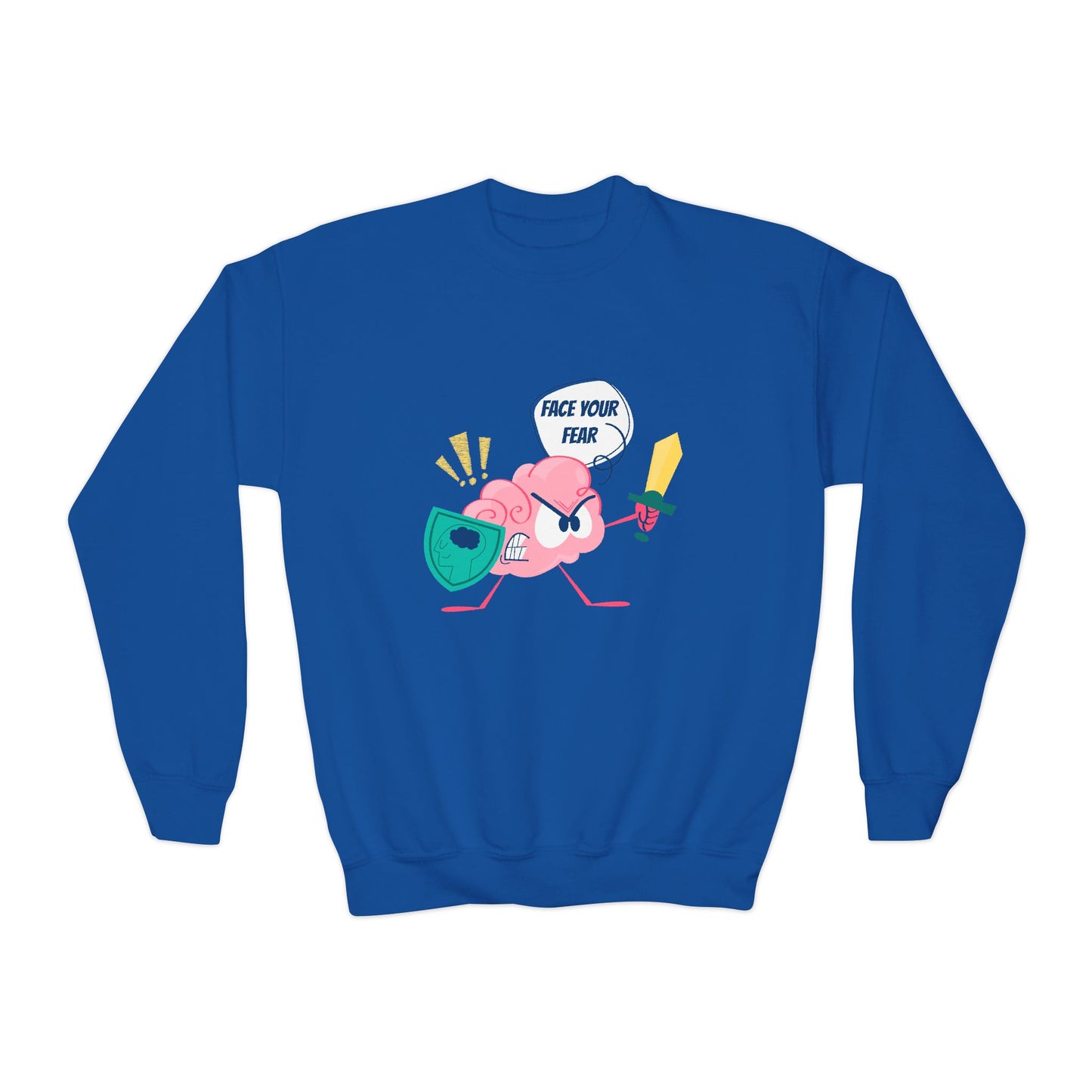 Blue sweatshirt with a cartoon brain holding a shield and sword, text 'Face Your Fear'