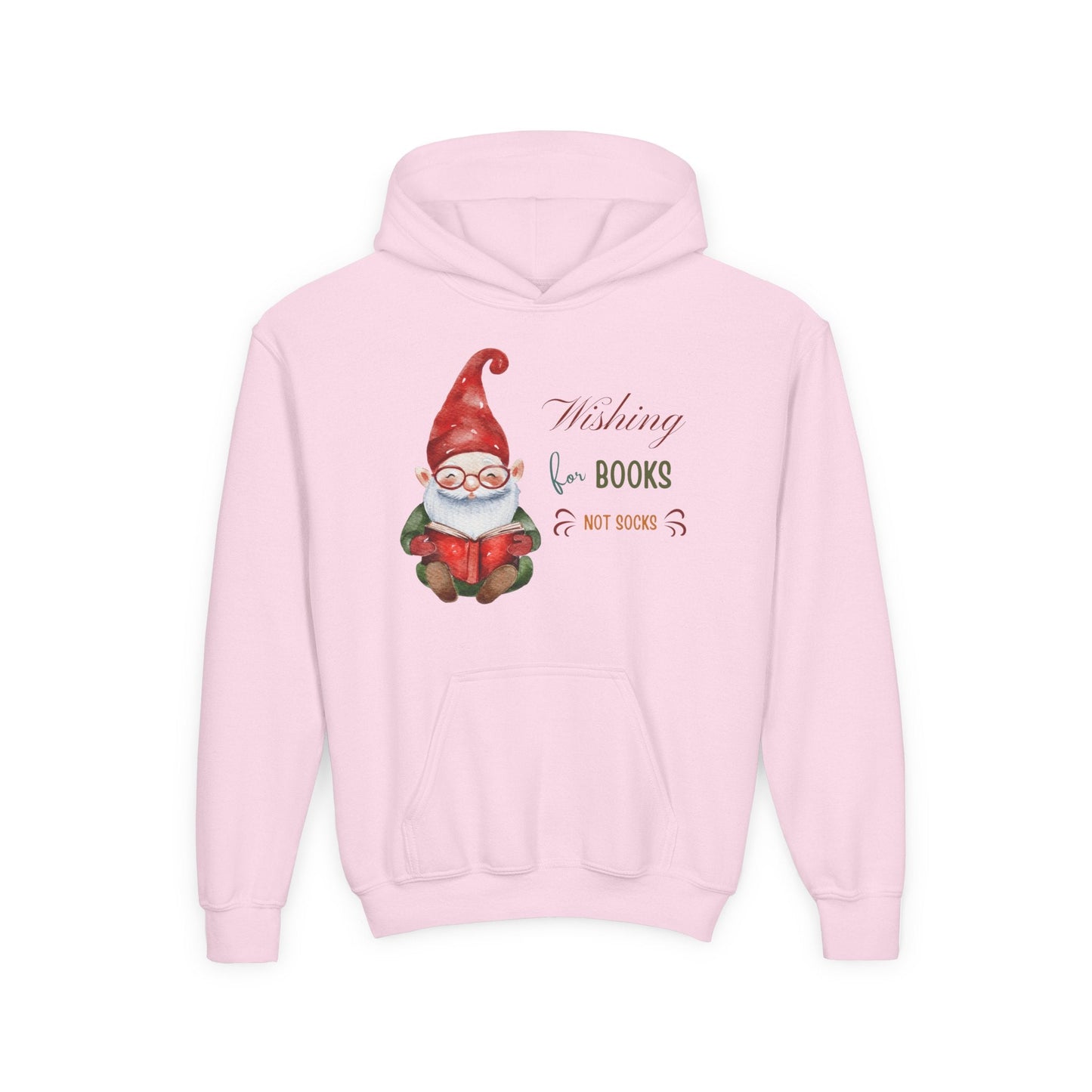 Youth Wishing for Books Hoodie – Cute Holiday Gnome Design Printify