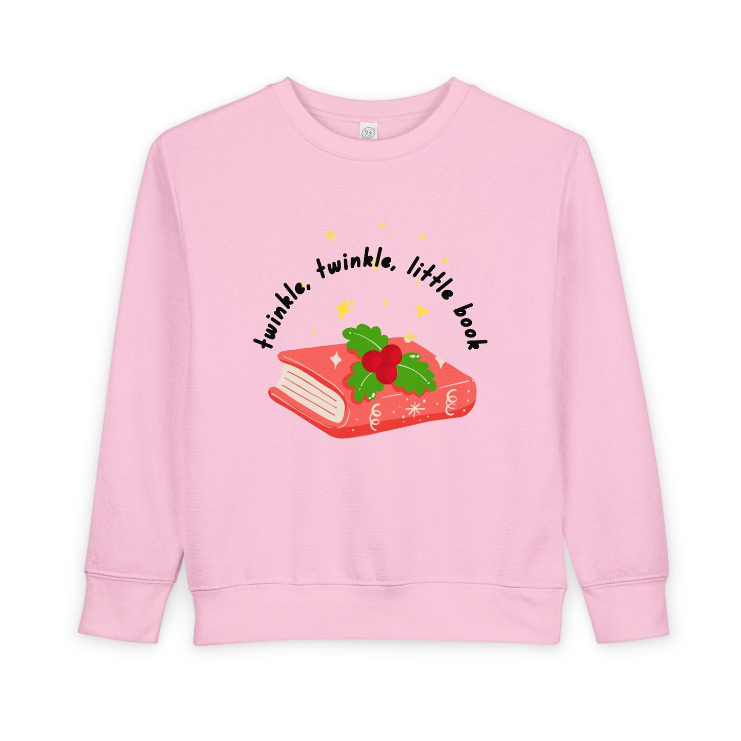 Pink toddler sweatshirt with a red book graphic and 'twinkle twinkle little book' text on a white background