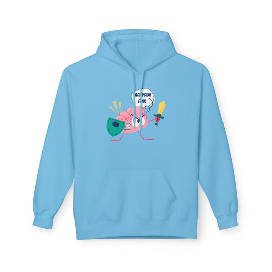 Light blue hoodie featuring a cartoon brain holding a sword and shield with the phrase “Face Your Fear,” symbolizing courage and self-growth.
