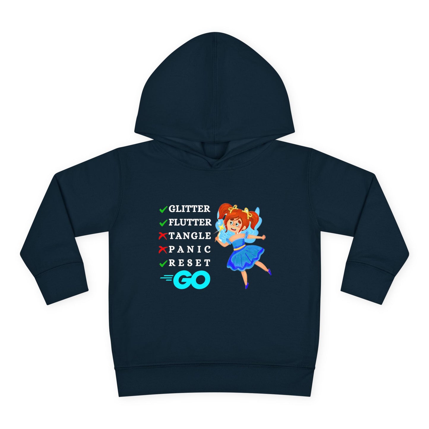 Navy blue toddler hoodie featuring a fairy and text 'Glitter, Flutter, Panic, Reset, GO'