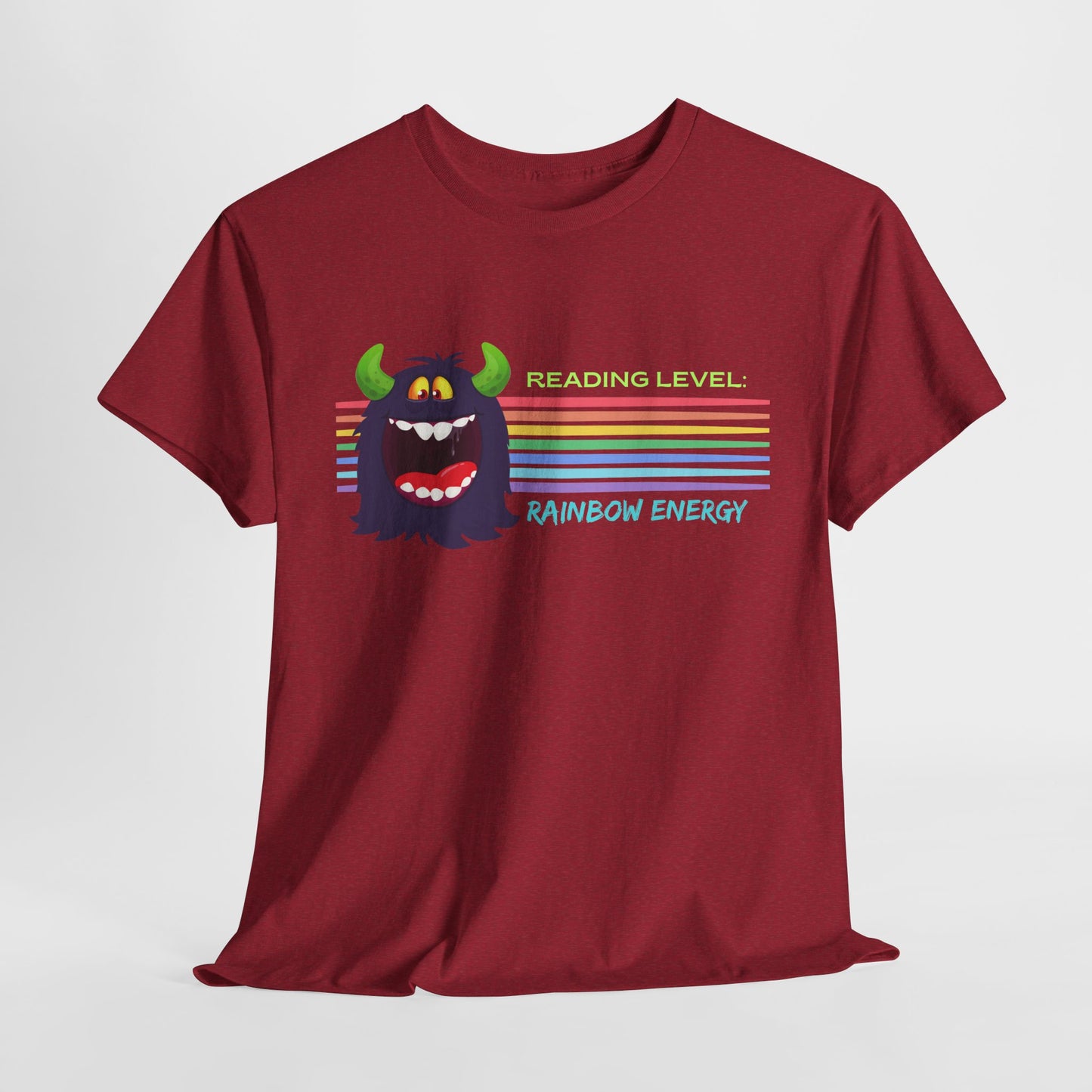 Teen/Adult Unisex “Rainbow Energy” Reading Shirt – Retro Monster Tee for Vibrant Book Lovers