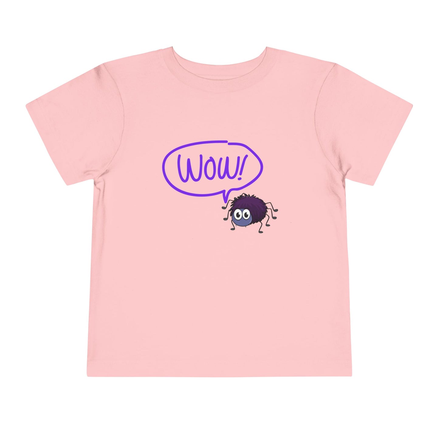 Pink t-shirt with a purple spider and a 'WOW!' thought bubble