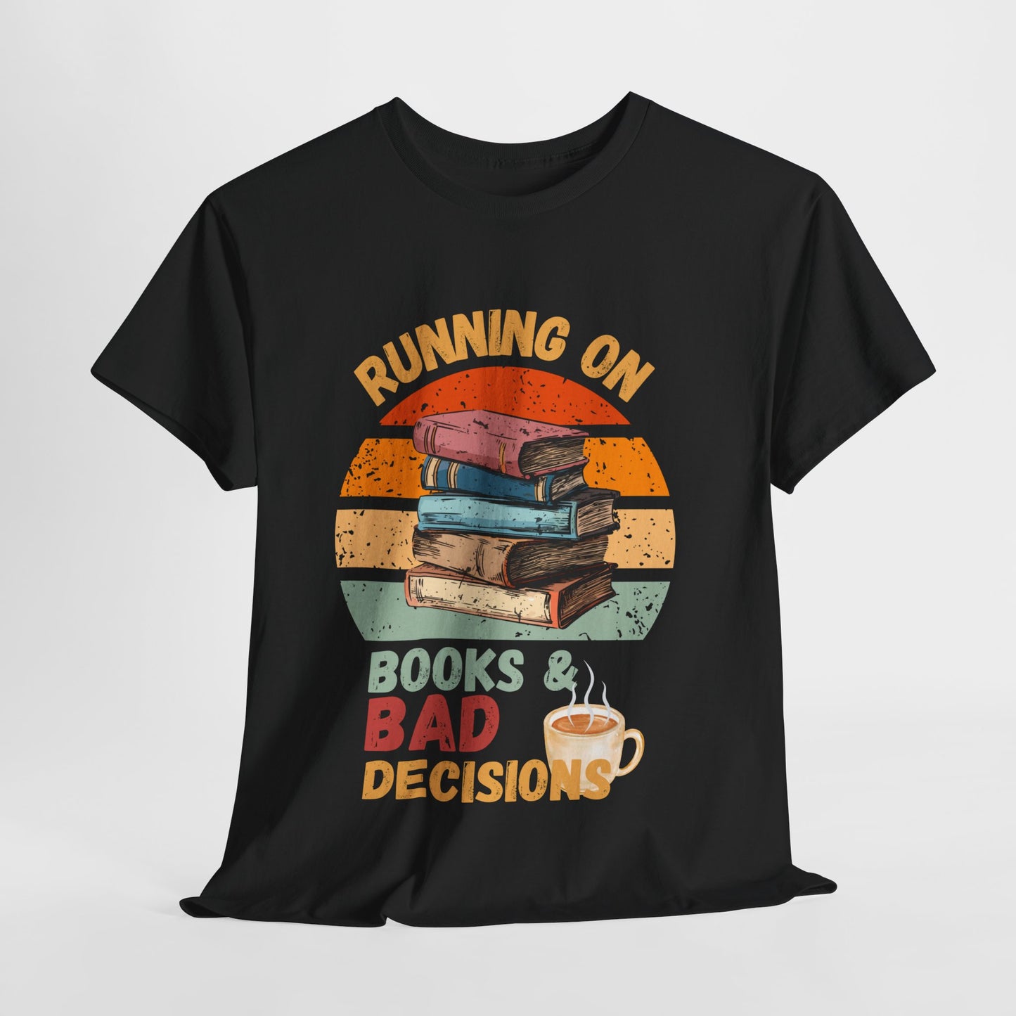 Teen/Adult Unisex Running on Books & Bad Decisions Tee – Funny Retro Reader Shirt for Book Addicts