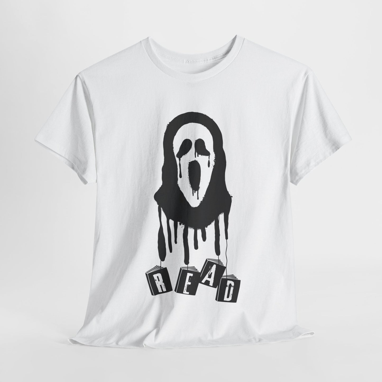 Teen/Adult Unisex Horror Mask READ T-Shirt – Creepy Book Lover Graphic Tee