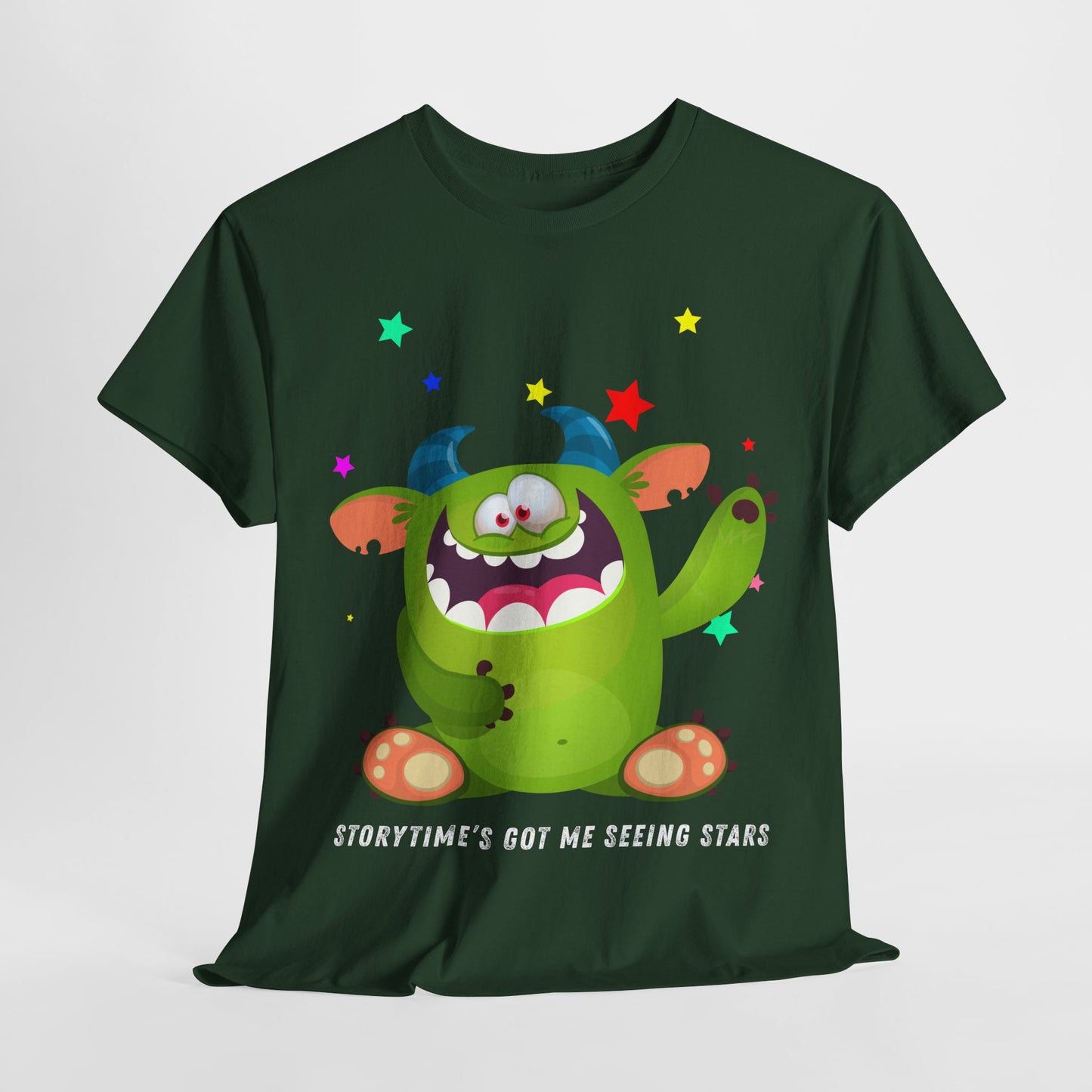 Teen/Adult Unisex Storytime’s Got Me Seeing Stars – Playful Monster Reading Tee