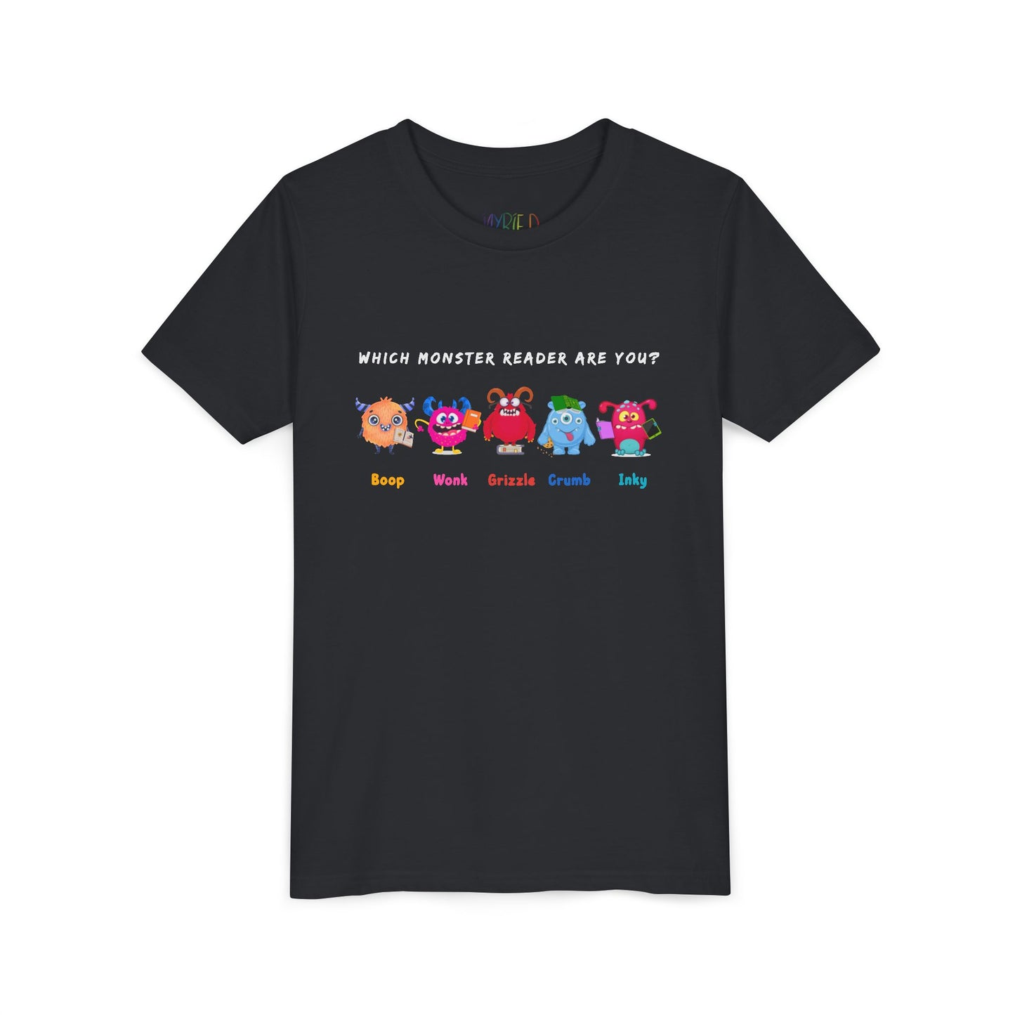 Black t-shirt with colorful monster and text 'Which Monster Reader Are You?'