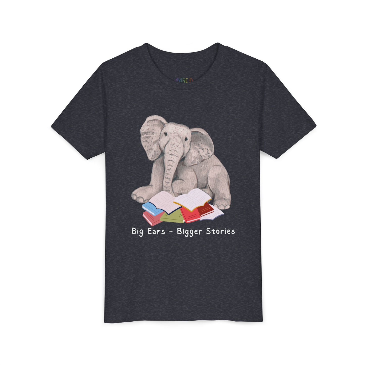 Youth Big Ears β Bigger Stories Tee β Elephant Reading Shirt for Thoughtful Little Listeners