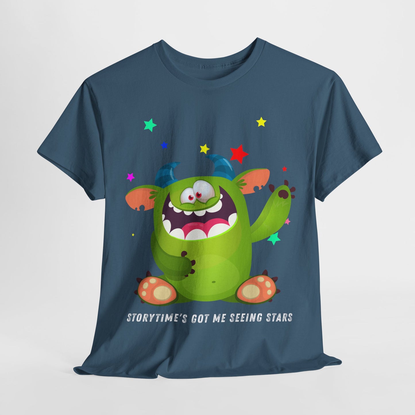 Teen/Adult Unisex Storytime’s Got Me Seeing Stars – Playful Monster Reading Tee