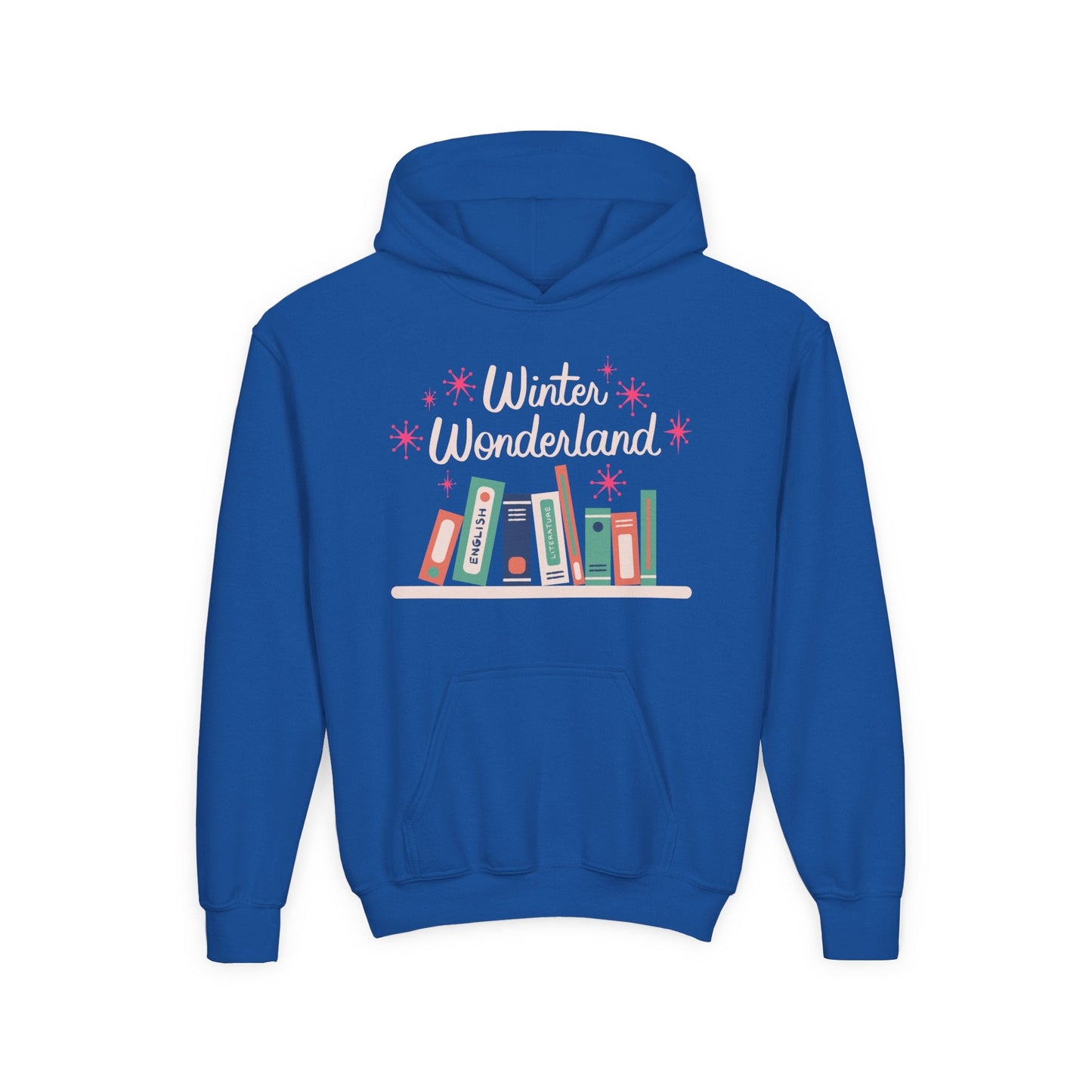 Youth Winter Wonderland Hoodie – Colorful Bookshelf Holiday Design Printify