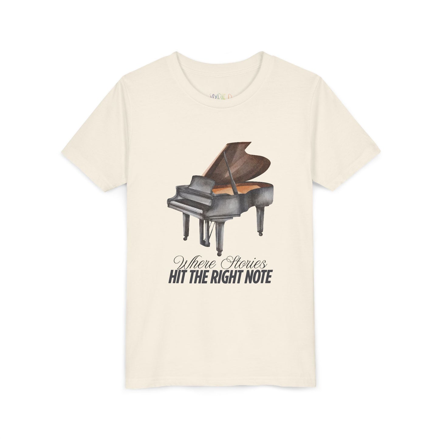 Beige t-shirt with a grand piano graphic and text 'Where Stories Hit The Right Note'