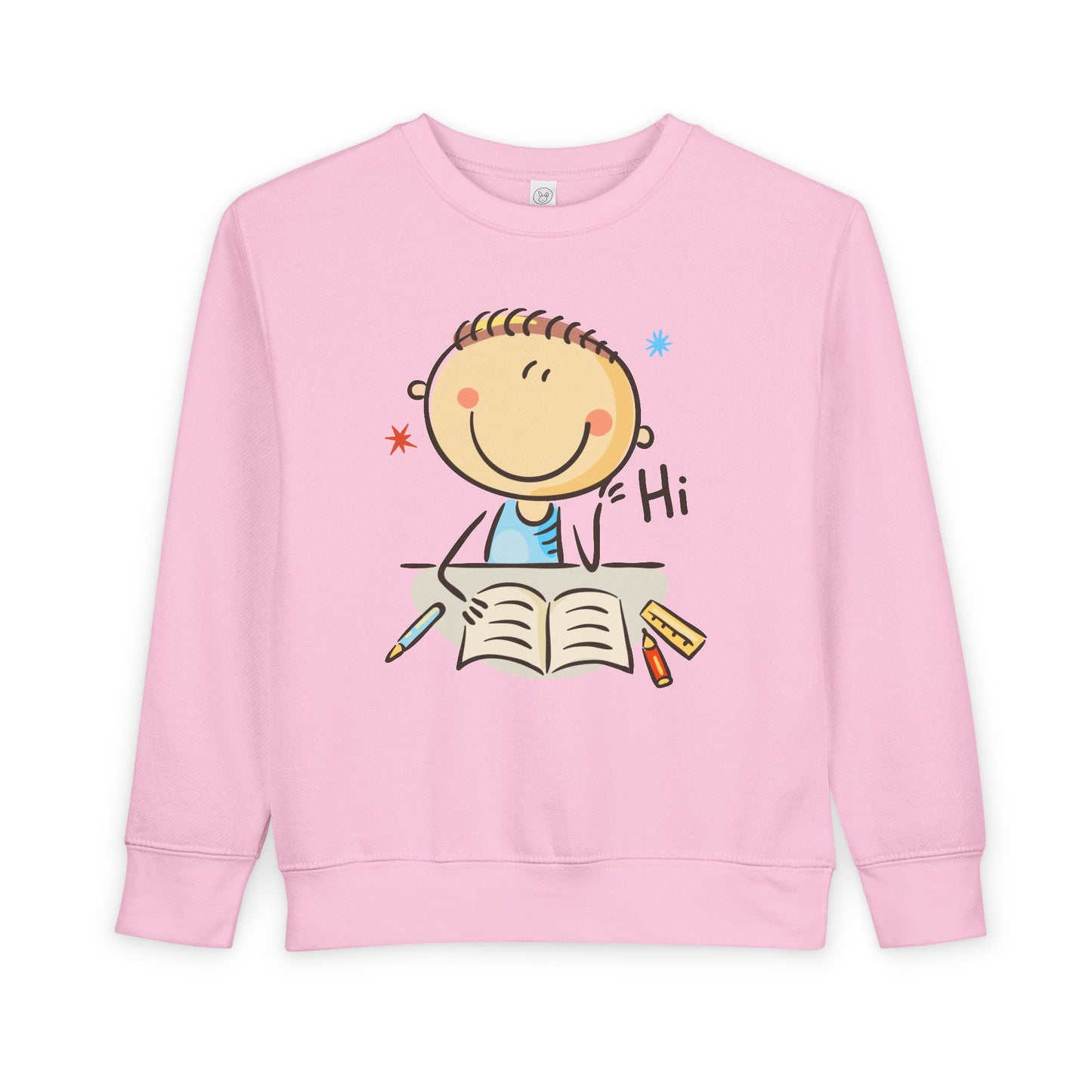 Pink toddler sweatshirt with a cartoon person waving from a desk with a book, writing supplies and text 'Hi'