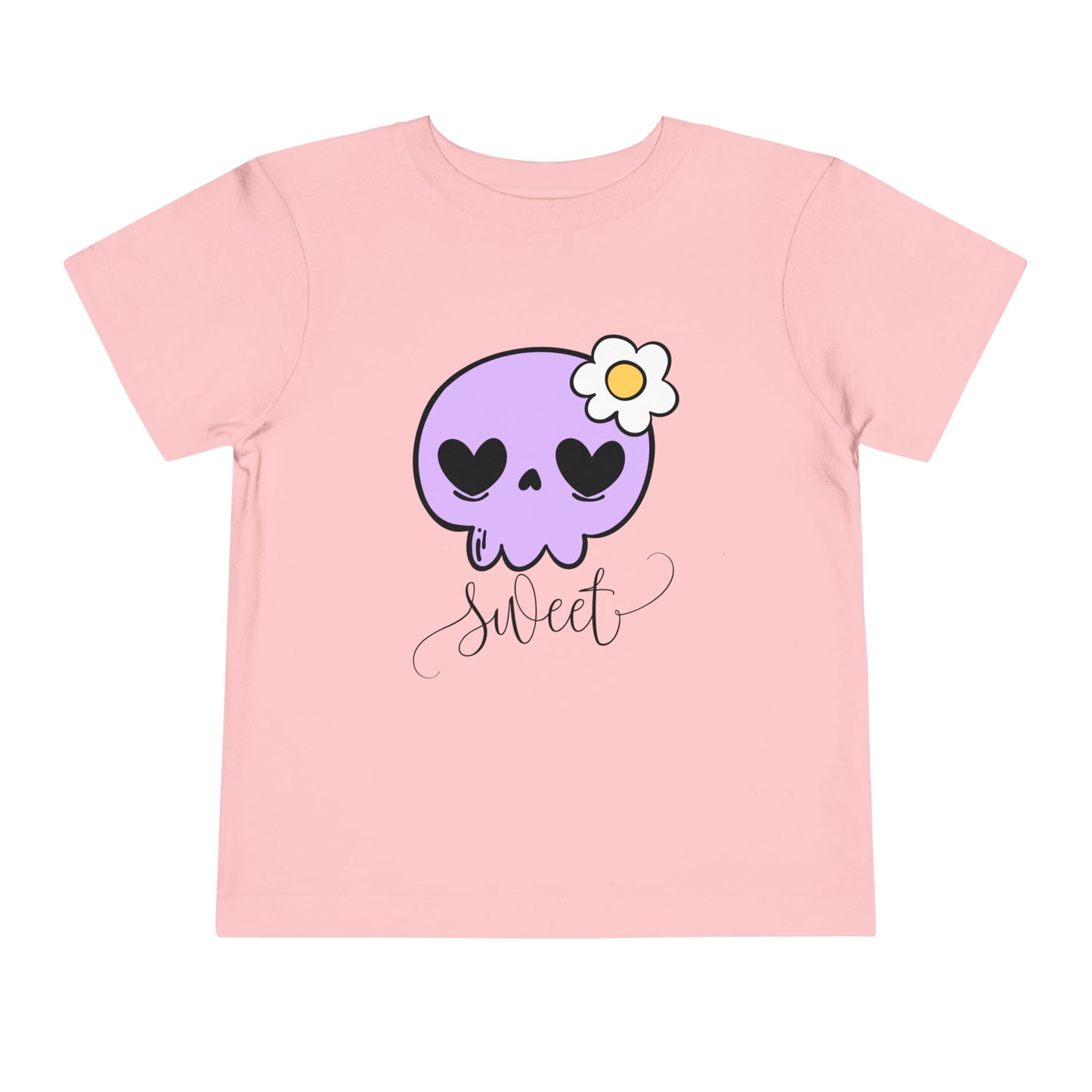 Pink toddler t-shirt with a purple skull design and the word 'sweet'