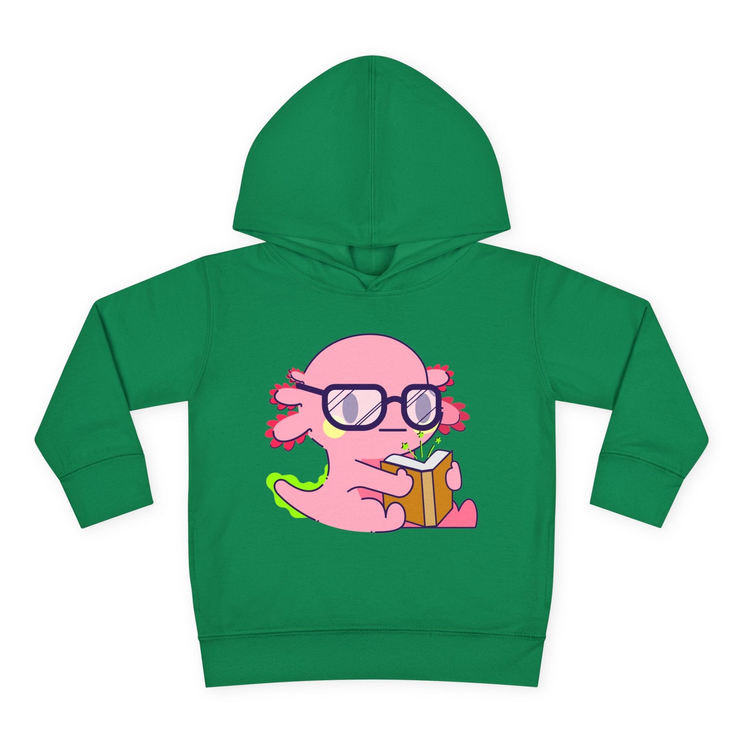 Green toddler hoodie with a pink axolotl holding a book and wearing glasses