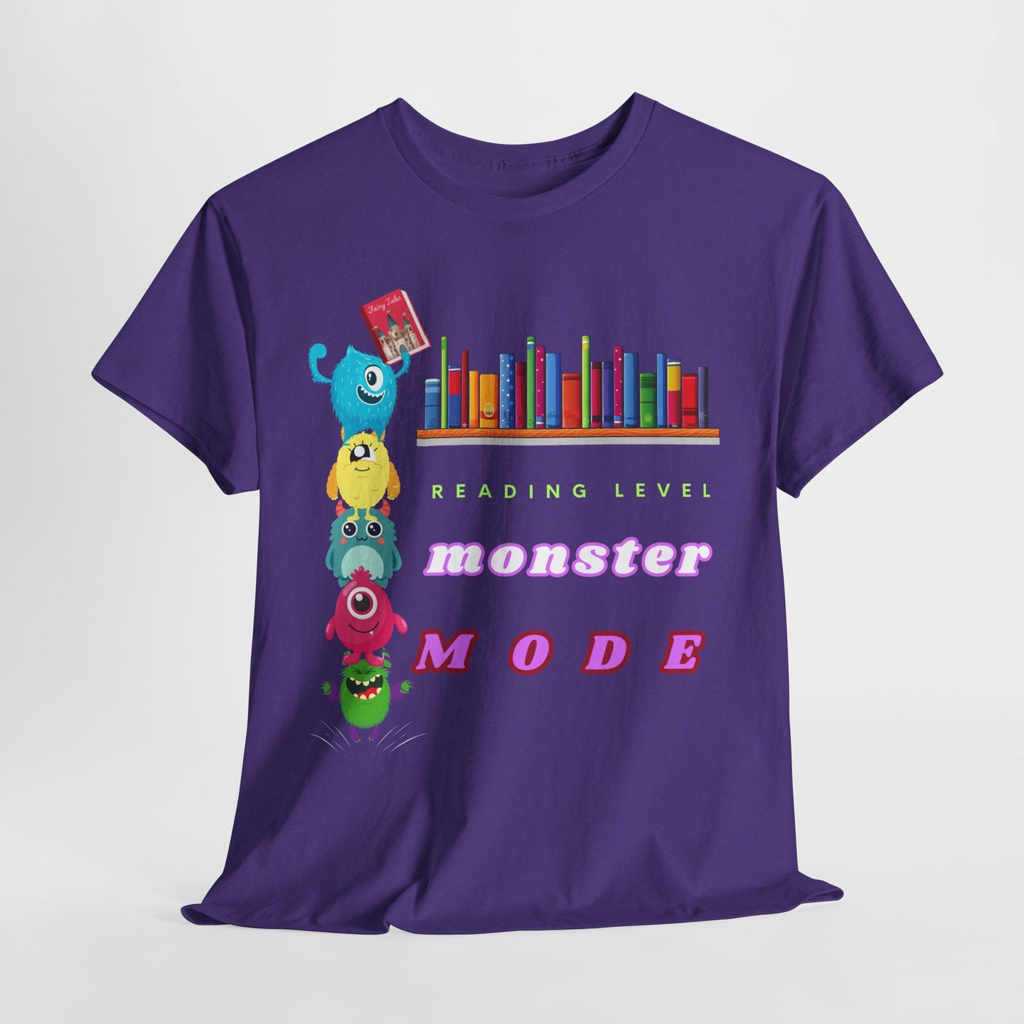 Teen/Adult Unisex “Reading Level: Monster Mode” Tee – Funny Stacked Monster Shirt for Relentless Readers