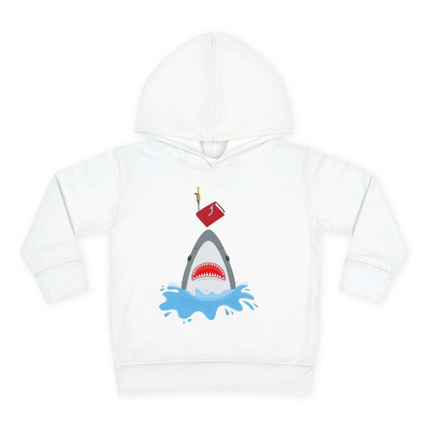 White hoodie with a shark bursting out of the water to catch a book on a hook