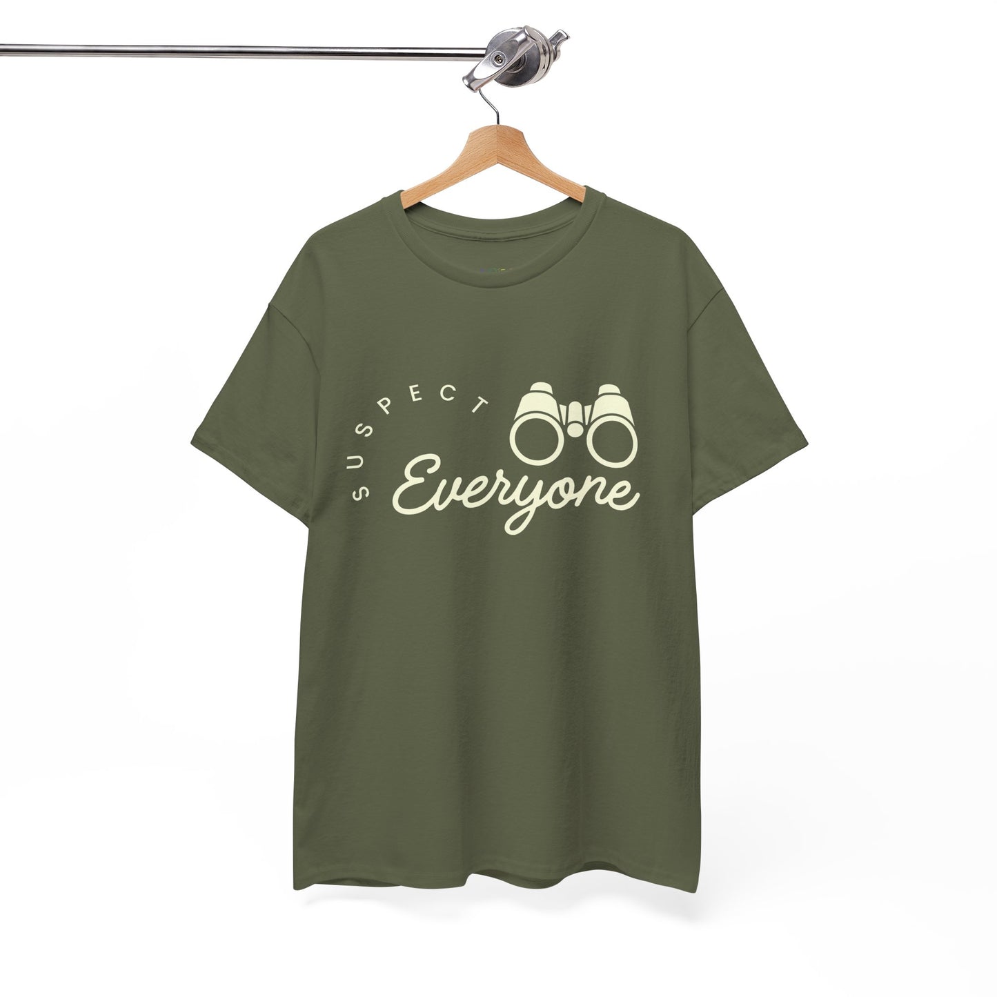 Army green t-shirt with 'Suspect Everyone' text and binoculars graphic