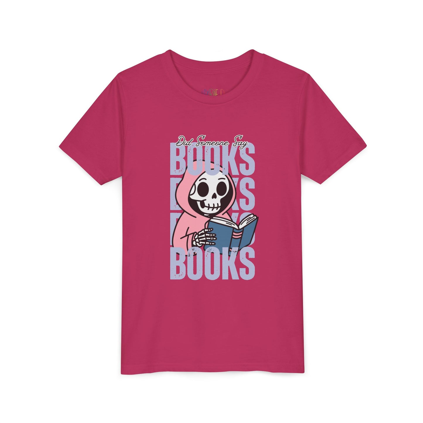 Pink t-shirt with a skeleton in a pink hoodie, reading a book in the middle of stacked 'BOOKS' text