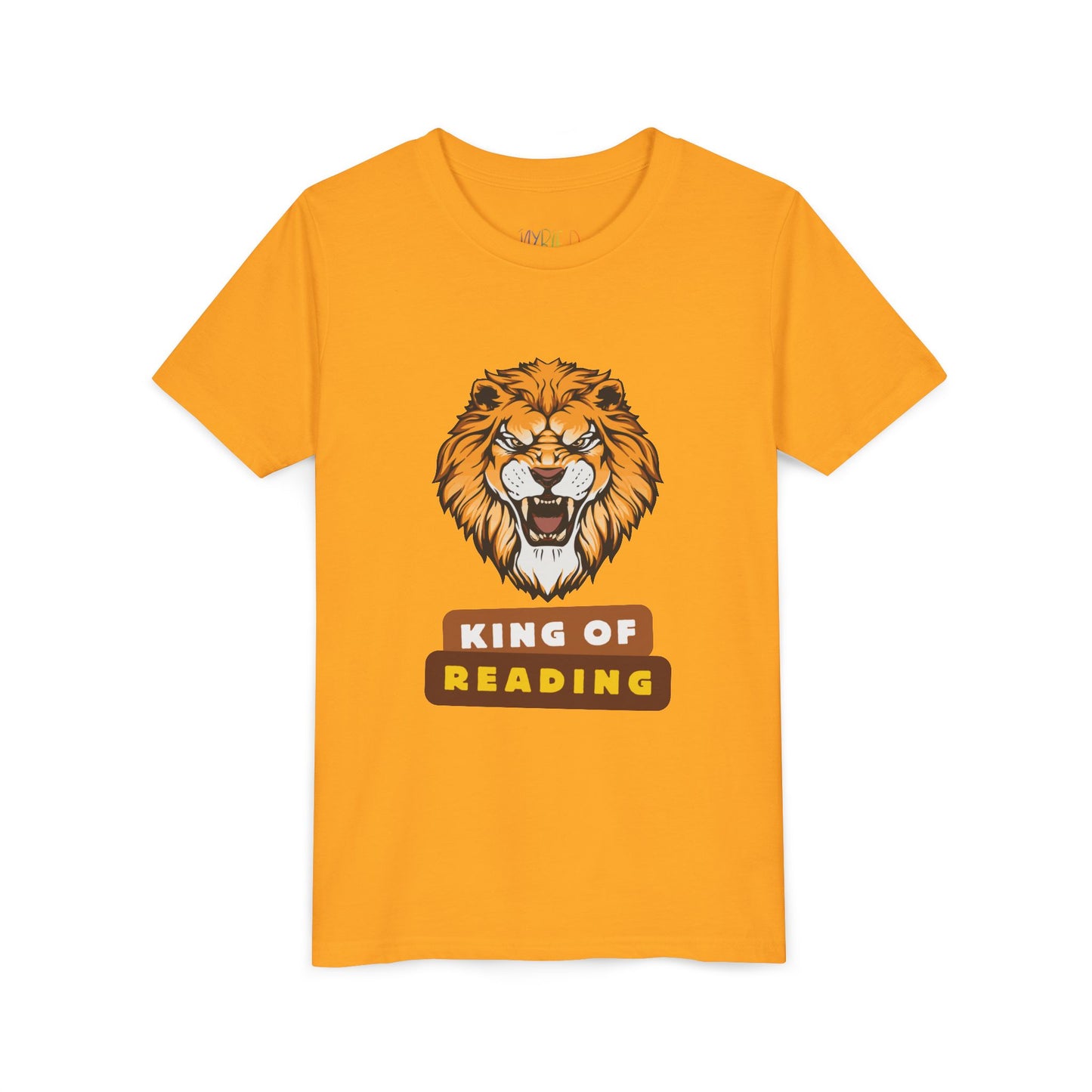 Gold t-shirt with a roaring lion graphic and colorful 'King of Reading' text