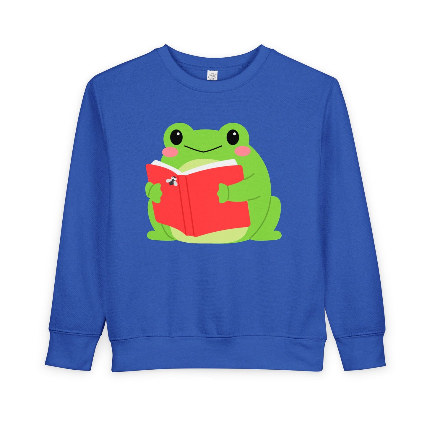 Blue toddler sweatshirt of a frog reading a book