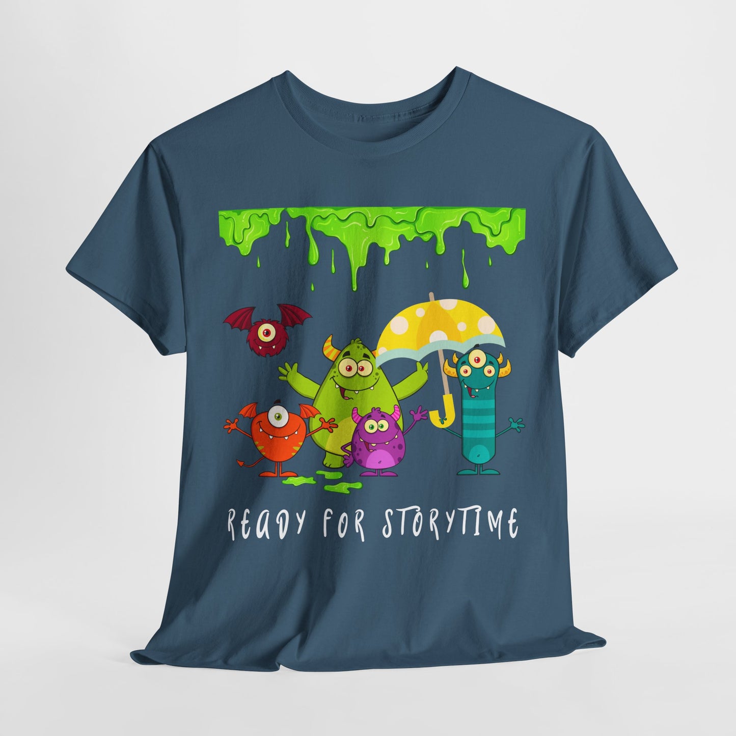 Teen/Adult Unisex “Ready for Storytime” Tee – Slime-Dripped Monster Squad Book Shirt for Fun-Loving Readers