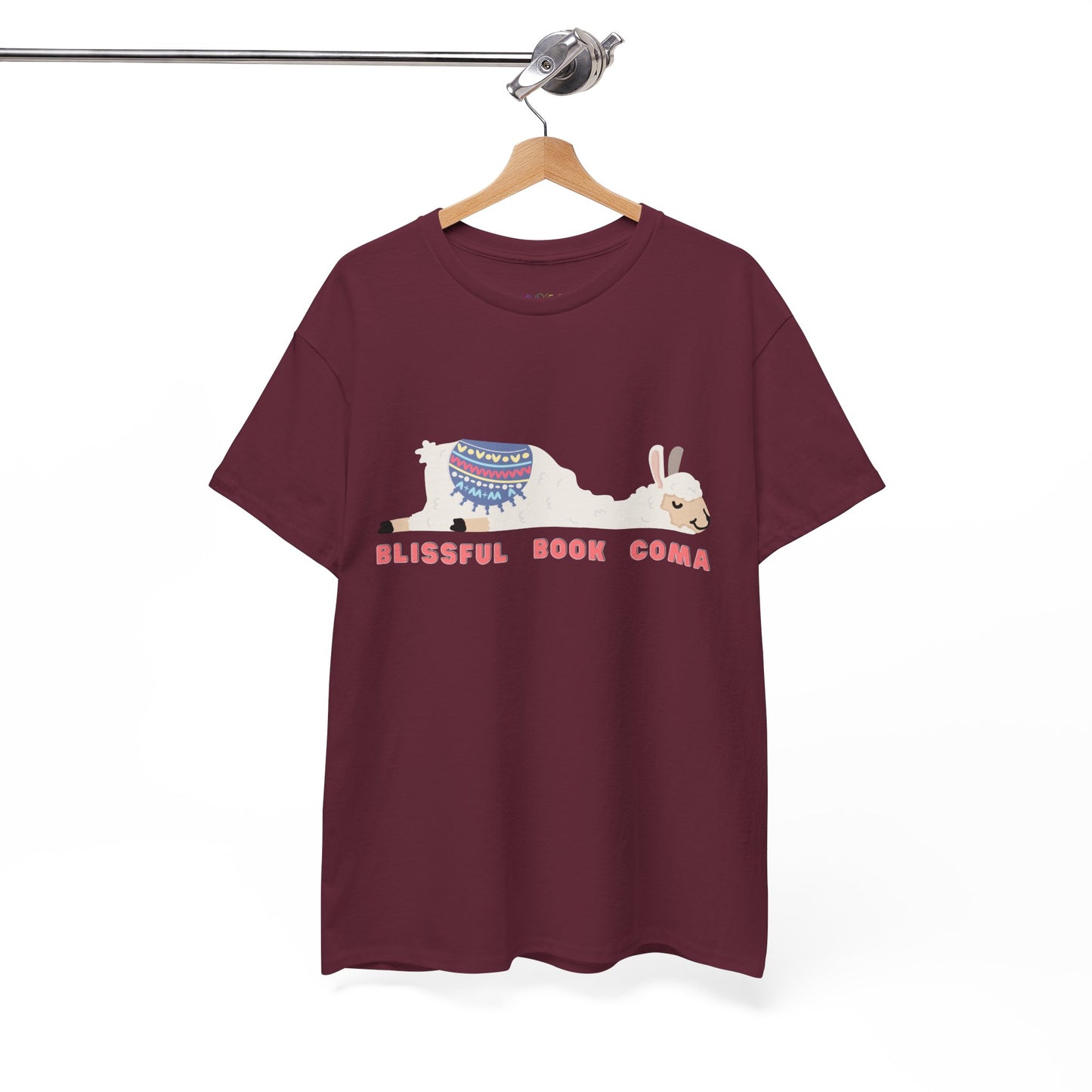 Maroon t-shirt with a napping llama and text 'Blissful Book Coma'