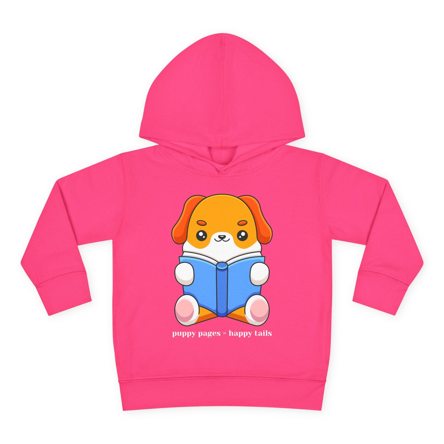 Pink toddler hoodie with a cartoon dog reading a book and text 'puppy pages - happy tails'
