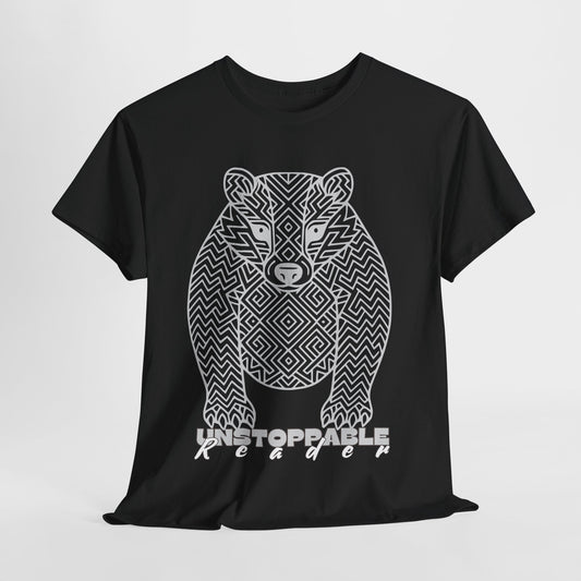 Black t-shirt with a light gray geometric honey badger, light gray text 'UNSTOPPABLE READER'